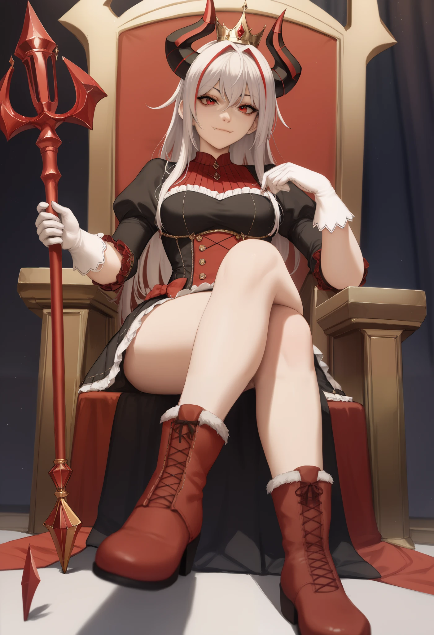 Sciamano240 style, 1girl, red_eyes, crossed_legs, horns, sitting, throne, crown, gloves, long_hair, white_gloves, multicolored_hair, looking_at_viewer, fang, holding, smile, dress, boots, white_hair, puffy_sleeves, red_hair, red_footwear, fang_out, scepter, solo, staff, closed_mouth, streaked_hair, bow
