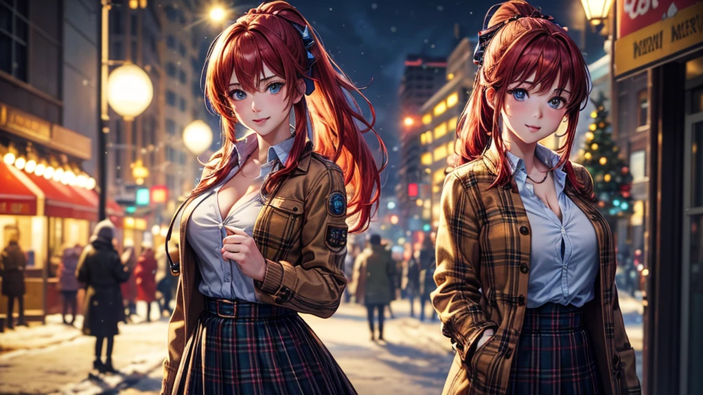 1girl, solo, full body, christmas, christmas tree, street, night, lights, giving gift, long hair, green hair, ponytail, large breasts, button down, cleavage, ((opened brown short jacket)), dark blue eyes, ((blue shirt)), checked shirt, ((long skirt)), smile, looking at the viewer, standing