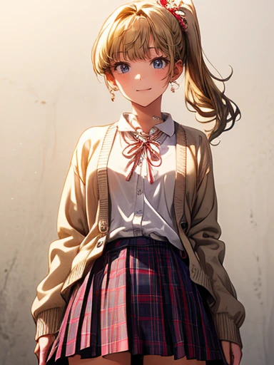 (( Play:1.4, masterpiece,  best quality,  high definition , 超 high definition ,  Perfect Pixel ,  the depth of the written boundary, 4K, RTTX 10.0,  high definition ))), ( one girl :1.3),  beautiful anime girl ,  beautiful art style,  anime character, ((Long Hair, bangs,  dark brown hair,  ponytail)), ((Beautiful eyelashes)), (( detailed face ,  blanking:1.2)), (( smooth texture, Realistic texture,  anime CG style)),  perfect body, Slender body,  Big Beautiful Breasts , (Adult female), ( beige cardigan ,  white shirt,  red ribbon,  plaid pleated skirt:1.2), ( full body view from the front :1.2),  beautiful thighs,   embarrassing looks  ,(((thong))),（Please lift the HM Jupiter skirt with ）