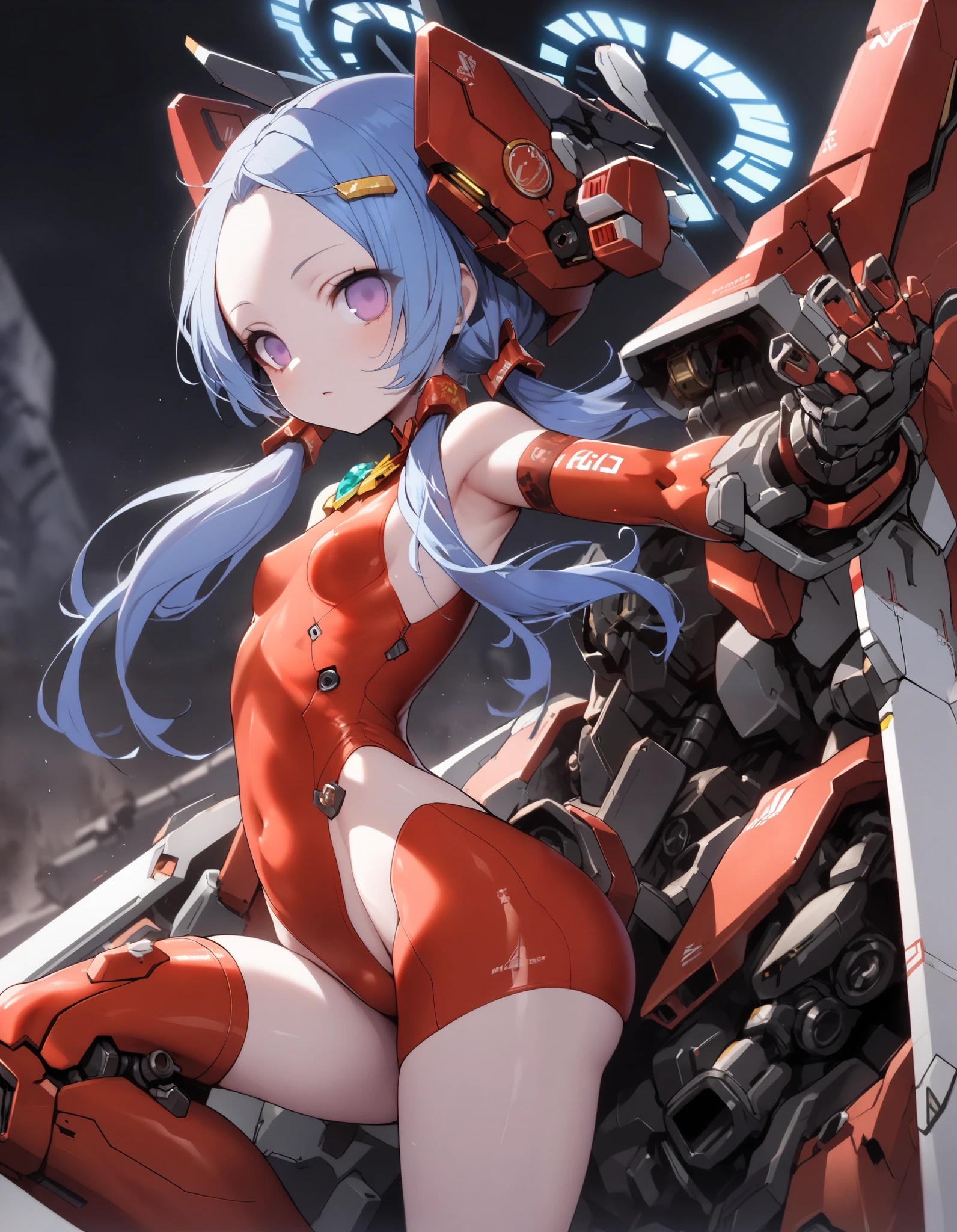 1girl,Mecha musume,(mecha hand:1.1), light purple eyes, bright light blue hair,short hair, (low pigtails:1.2), (forehead:1.2), (mechanized angel halo:1.2), (pale skin:1.1),(red bodysuit:1.3),empty eyes,zettai ryouiki,,(mecha leg:1.1),mecha joint,,brooch,(transistor glamor:1.2),small breasts,,pitite,(mecha leg:1.3),wide hip,wide leg,,,futomomo,(naked thigh:1.1),groin,(arm up:1.1),(arm pits:1.3),(from side:1.3),