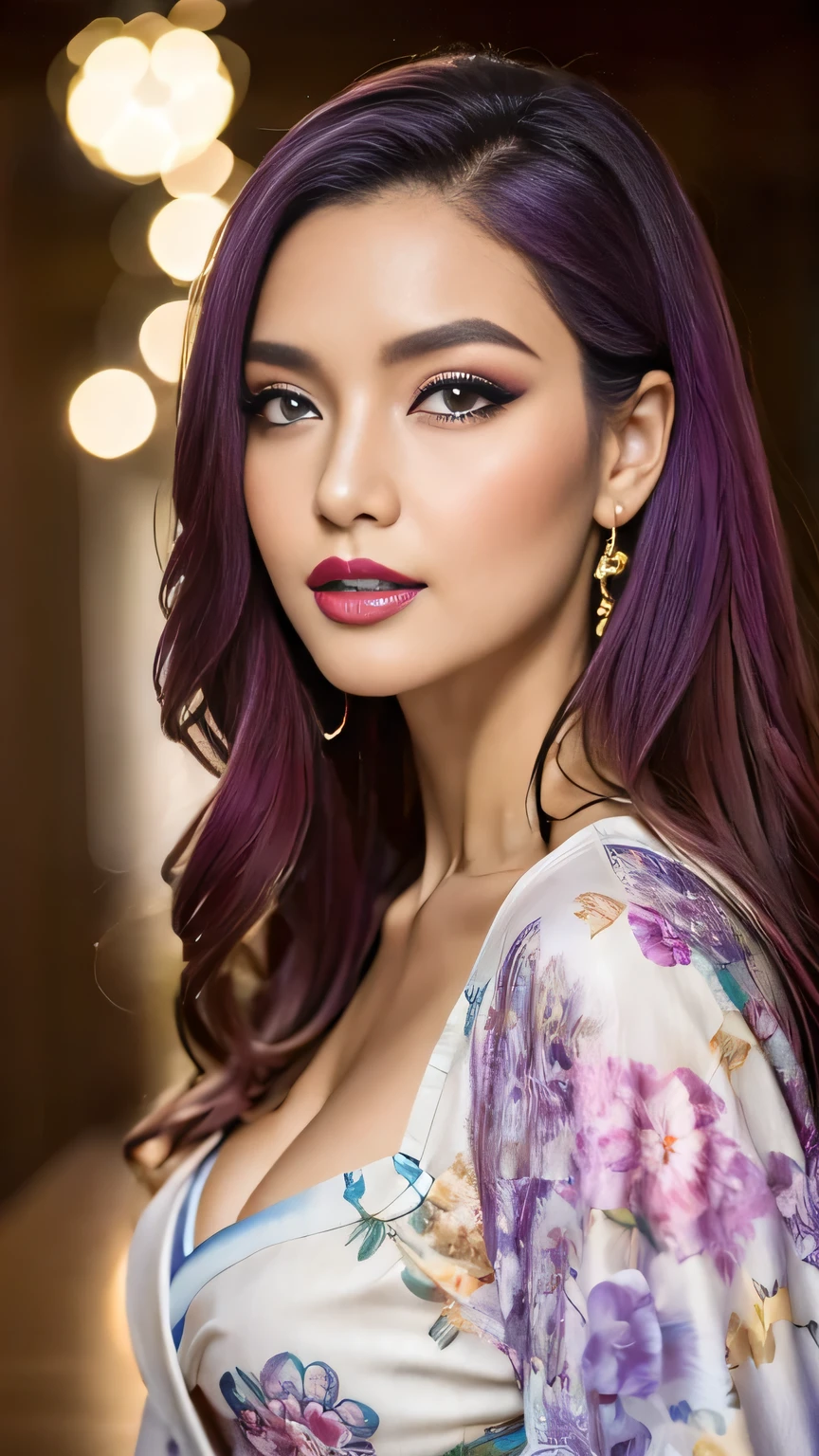 Realistic, Highest quality, 8k, woman, 20-year-old, Sakura pattern kimono, Large Bust, Long Hair, Ultra-detailed skin textures, Soft Lighting, Fairy, Bokeh, purple Lipstick, Sensual Lipstick, Sensational Make up 