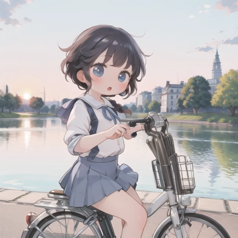 (masterpiece, Ultra-high resolution，Highest quality:1.2), reality、Very short stature， on a bicycle，alone、Junior high school girl，Summer clothes、Fluttering skirt，positive，whirlwind，Riverside at dusk、Beautiful sunset，