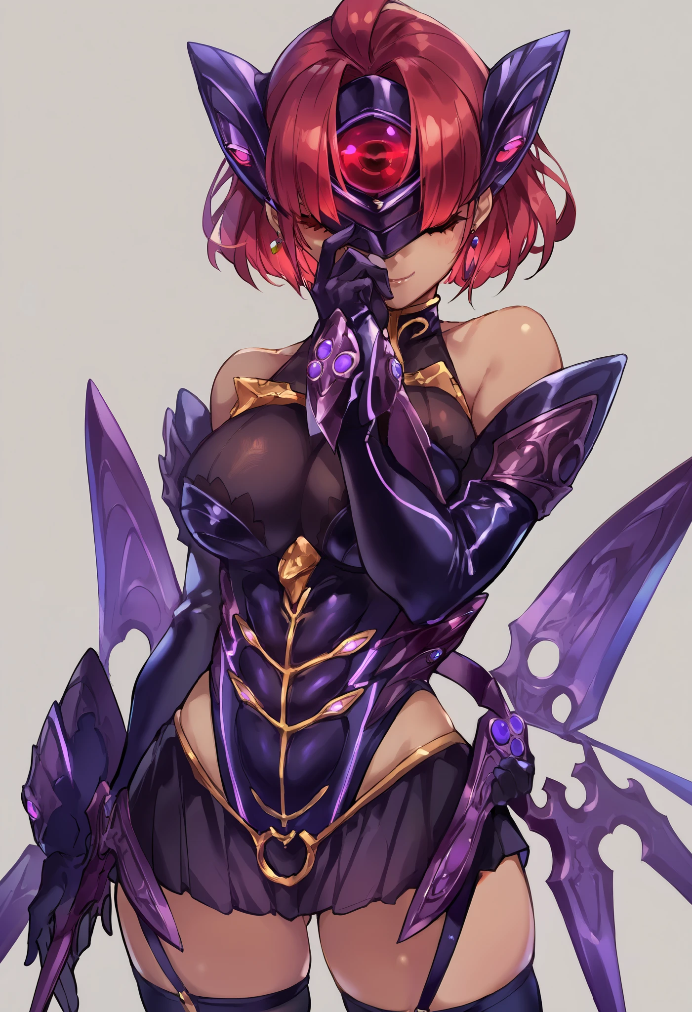 score_9, score_8_up, score_7_up, score_6_up, source_anime, 1 girl,prrnd, red eyes, red hair, short hair, earrings, large breasts, large breasts, purple outfit, ((forehead protector)), purple wings,elbow gloves, high heels,adjusting eyewear, forehead protector cover eyes,standing, hand on hip,closed eyes,smirk,dark persona, flush, cowboy shot, ((front view)),simple background