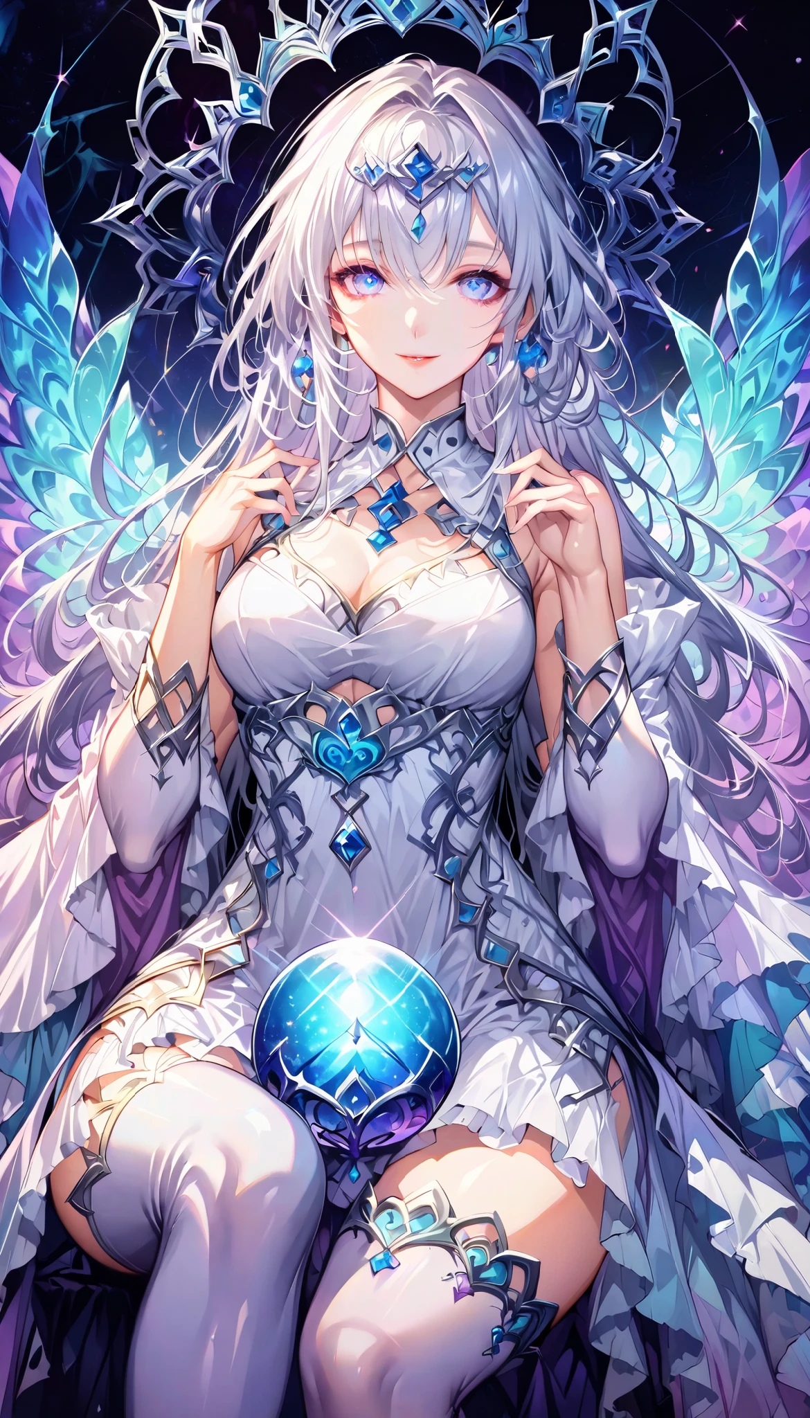 high resolution,Moon Goddess,阿耳忒弥斯,Silver Hair,Long hair,Goddess costume, bright color , Dreamy Atmosphere , charming eyes , Mysterious Shadow , Unfairly beautiful , close-up, Fascinating Patterns , Magical Expression , Mysterious Atmosphere, whimsical pose, good lighting , Intricate details, Dreamy scene, Charming beauty , Mysterious colors, Attractive composition, Enchanting magic, Mysterious Charming Charm , Fantastic quality , Attractive colors, Wonderful Transformation , Dreamy and fascinating,Sitting,White Throne , He has a big, shiny crystal ball,Fractal Art,