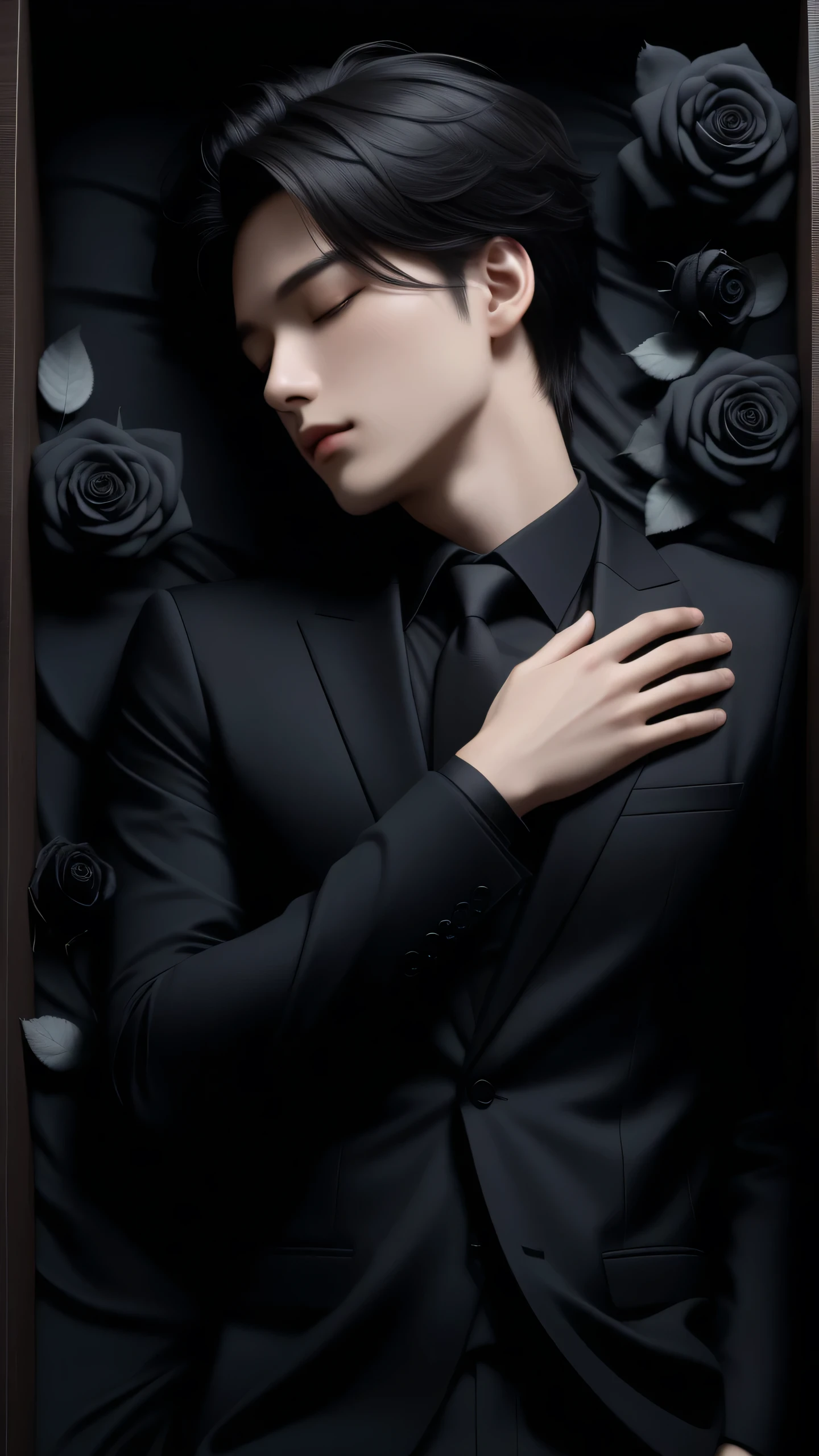 1boy, lying, straight on, black  hair, handsome detailed lips, blacksuit, black rose around, delicate, peaceful, soft lighting, ethereal, dreamlike, hand on own stomach, close eyes, death body, on back, own hands together , coffin, front view 