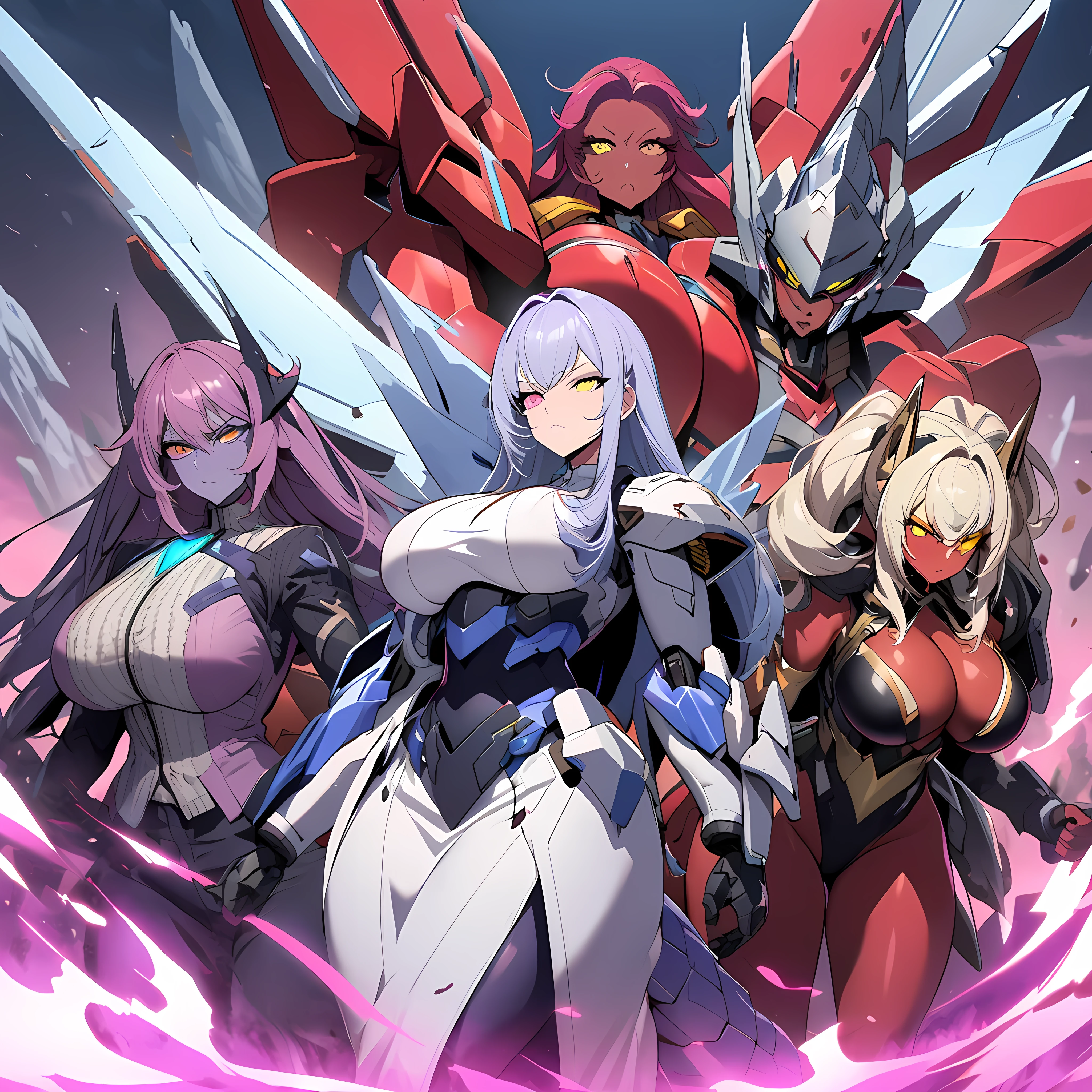 Anime, high detailed, multiple womans, mature womans, mecha armor, large mechanical wings, serious, large clawed Gauntlet, red skin, curvy body, long mechanical tail,pink sclera、Colored sclera、crimson Colored skin、Yellow Eyes, elongated pupils,  Mature Woman、rosy-purple aura、womans surrounding, background a frozen-solid city