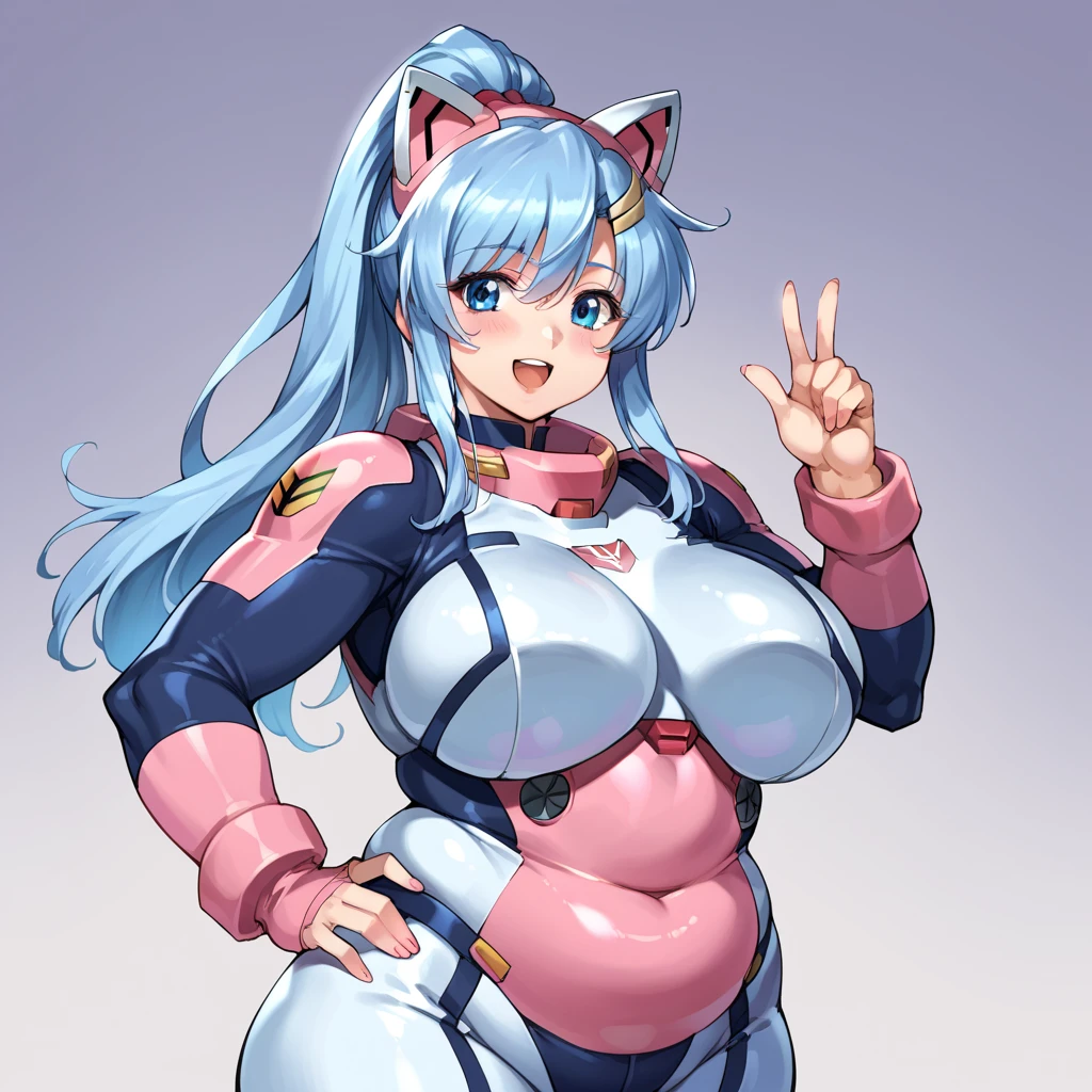 score_9, score_8_up, score_7_up,source_anime,BREAK, gundam_seed, 1girl, adult woman. She has very long light blue hair ponytail, bright blue eyes, pink mechanical cat ears, round face. she is (FAT) and chubby, with extra large breasts, large midsection, wide waist, thick arms, belly fat rolls and folds,  wide hips, wearing a pink pilot space suit with thick flat metal chestplate over the breasts . happy, confident, proud, hand on hip, masterpiece,best quality,amazing quality, 5 fingers on each hand