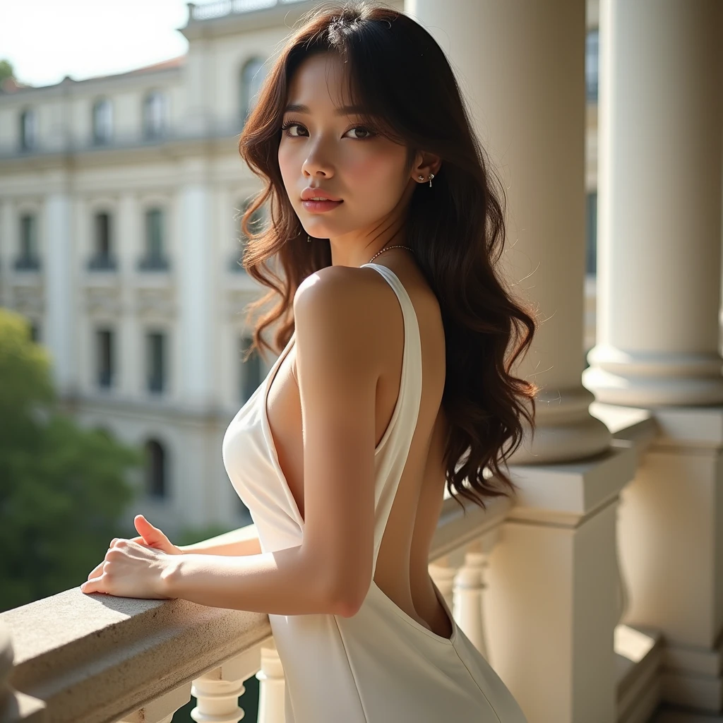 realistic, ((midnight, best quality, 8 thousand, masterpiece :1.3)), whole body, sharp focus :1.2, pretty girl with perfect body :1.4, 23 year old woman, slim abs :1.1, ((dark brown hair, very large breasts :1.2)), ((No Braza)), Crisp breastbone, (white see-through short dress, standing:1.2), pussy visible, hip, ((Paris city view with Eiffel Tower, rooftop:1.3)), Highly detailed face and skin texture, detailed eyes, double eyelid, laugh, happy expression, earring, pendant, sunset, become dark, backlight, off shoulder,Looking straight at the camera, woman who wants to have sex, 