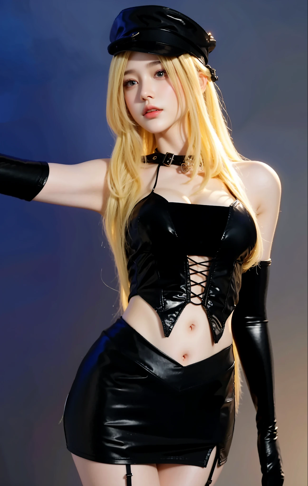 1girl absurdres arm_behind_back artist_name black_jacket black_panties blonde_hair blue_eyes blush breasts cleavage contrapposto cowboy_shot creatures_(company) cynthia_(pokemon) fur-trimmed_sleeves fur_collar fur_trim game_freak gluteal_fold grey_background hair_ornament highres hioyami jacket long_hair looking_at_viewer medium_breasts navel nintendo no_bra open_clothes open_jacket panties panty_pull parted_lips pokemon pokemon_(game) pokemon_dppt smile solo stomach underwear very_long_hair