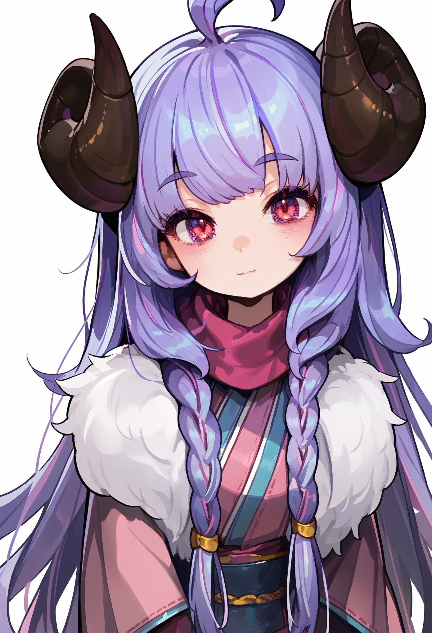 Masterpiece, anime, imoco style, outlines, 1girl, Sbkin, sheep girl, long hair, purple hair, braids, curved horns, pink eyes, ahoge, japanese clothes, scarf, fur trim, upper body, leaning forward, neutral, serene, head tilt, white background, simple background, score_9, score_8_up, score_7_up, unaestheticXL_bp5