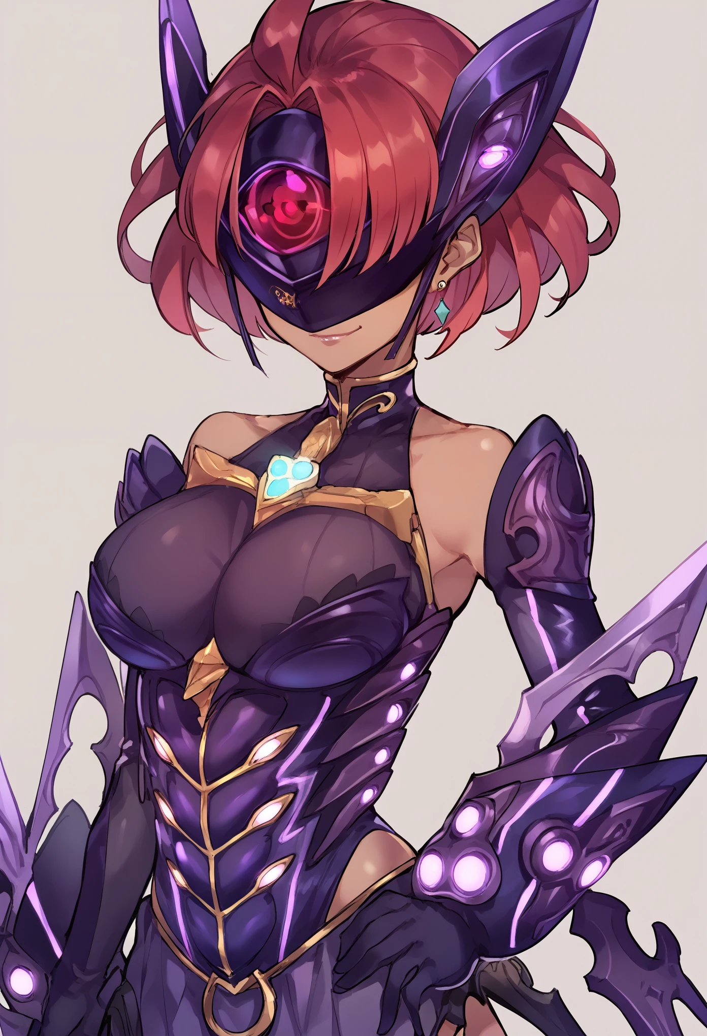 score_9, score_8_up, score_7_up, score_6_up, source_anime, 1 girl,prrnd, red hair, short hair, earrings, large breasts, large breasts, purple outfit, ((forehead protector)), purple wings,elbow gloves, forehead protector cover eyes,fighting instance, hand on hip,closed eyes,smirk,dark persona, flush, ((cowboy shot)),simple background