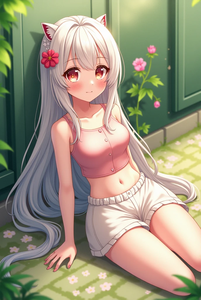 score_9, score_8_up, score_7_up, score_6_up, source_anime, rating_safe,, nubian_\(azur_lane\), dark-skinned_female,white hair, denim shorts,pink_camisole,outdoors, looking at viewer, collarbone, tanlines, tan,swimsuit_tan, sitting, knee up, head rest,white background, smile, closed mouth, head tilt,shadow, strap slip, knees supporting arms, masterpiece, best quality, very aesthetic, absurdres,
