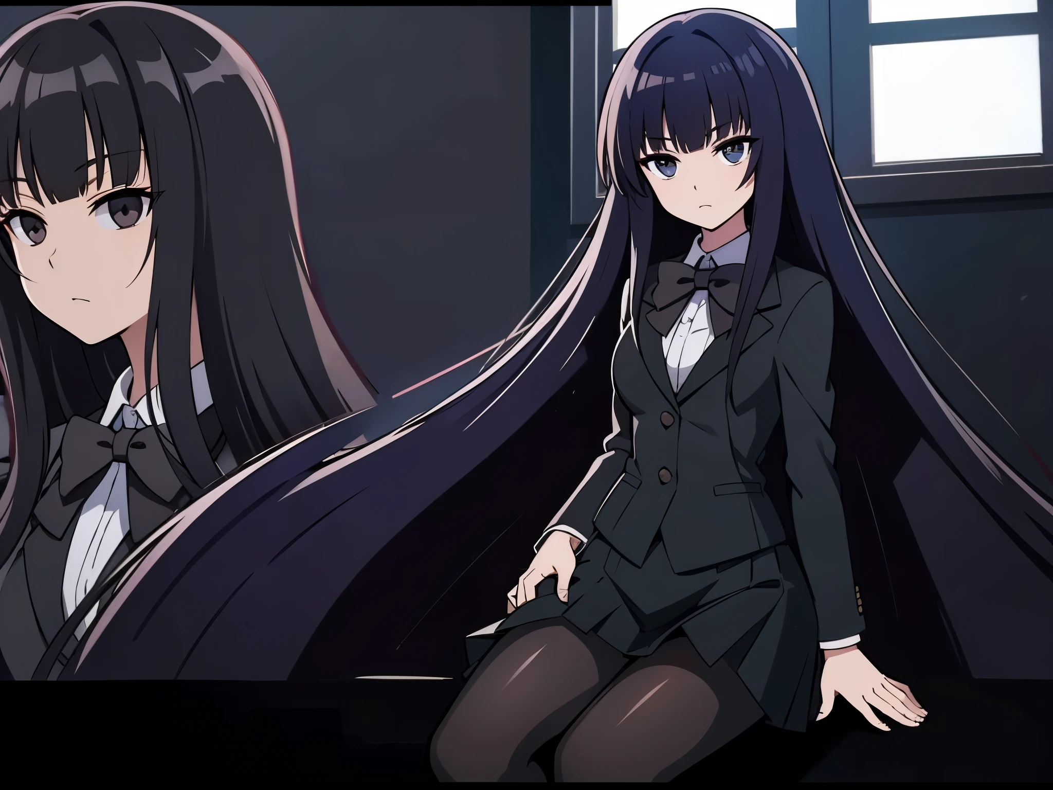 in door, in empty room, moon light, anime style, ultra high res, Best quality, ultra detailed, wearing a black blazer, school uniform, straight long hair, thin legs, pantyhose (black), dark brown bowtie, black skirt, break ideal ratio body proportions, clear detailed face, high nose(1:2), large mouth, break black eyes, break a strong female character with broad shoulders, straight long hair, 8k, masterpiece, dark eyelashes, sitting on floor, close eyes,