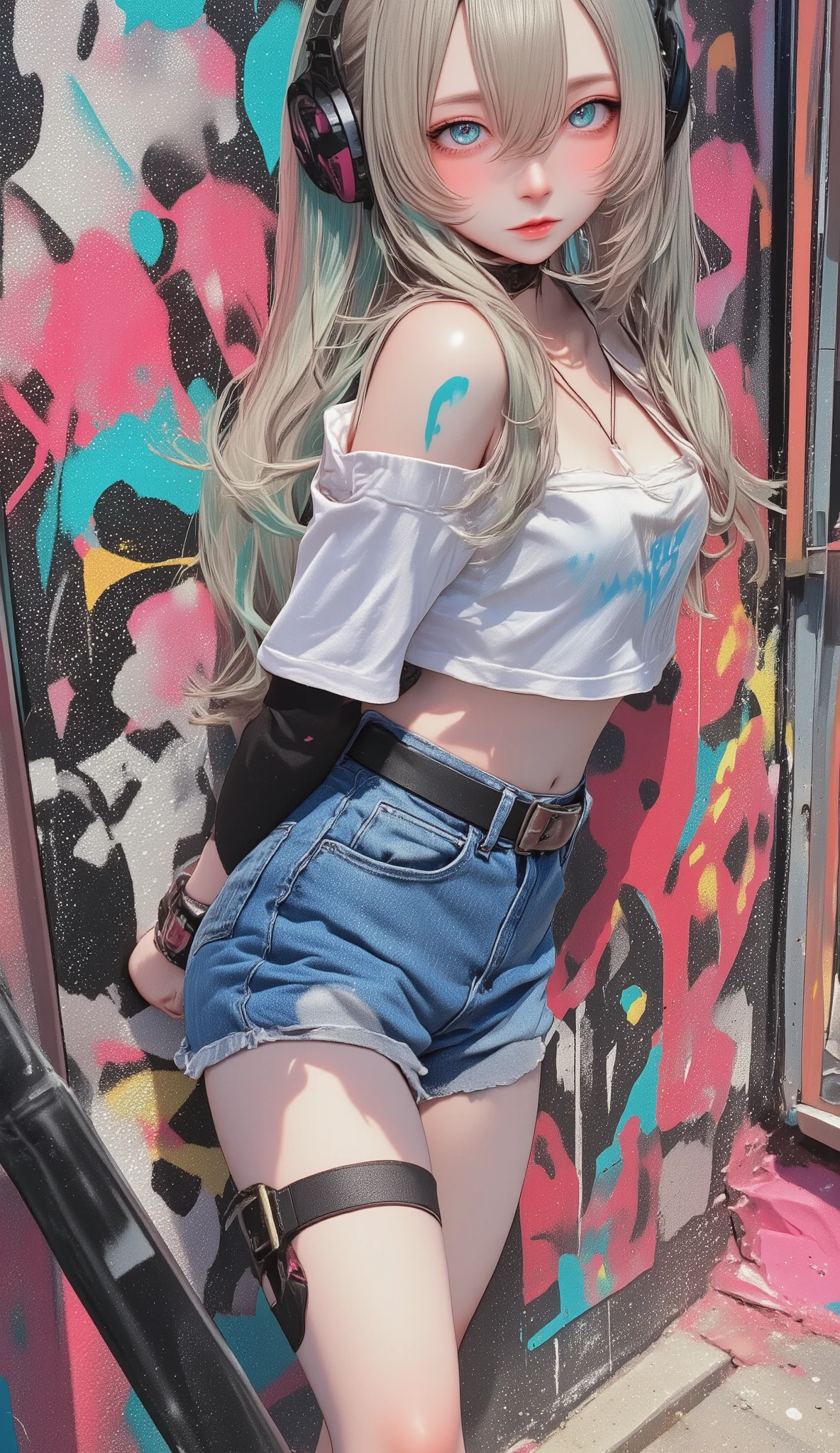 masterpiece, highest quality, 1 girl, alone, crop top, denim shorts, choker, (graffiti:1.5), paint splatters, turn your arms behind your back, towards the wall, looking at the viewer, armband, thigh strap, paint on the body, head tilt, boredom, colorful hair, aqua eye, headset