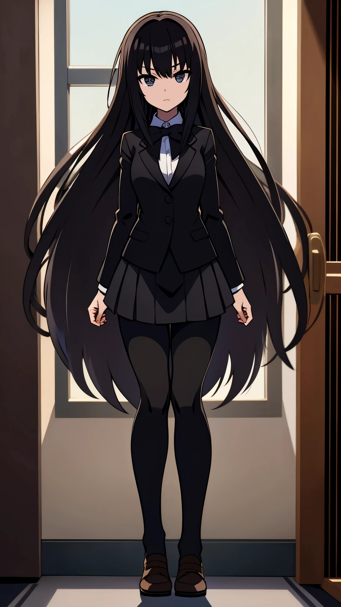 in door, in empty room, moon light, anime style, ultra high res, Best quality, ultra detailed, wearing a black blazer, school uniform, straight long hair, thin legs, pantyhose (black), dark brown bowtie, black skirt, break adult body, clear detailed face, high nose(1:2), large mouth, break black eyes, break a strong female character with broad shoulders, straight long hair, 8k, masterpiece, dark eyelashes, sitting on floor, close eyes,