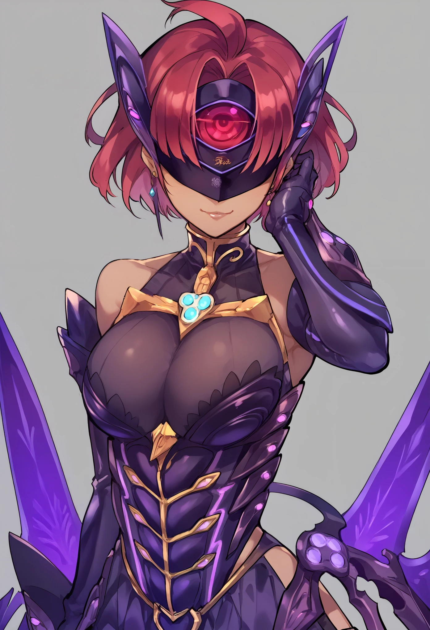 score_9, score_8_up, score_7_up, score_6_up, source_anime, 1 girl,prrnd, red hair, short hair, earrings, large breasts, large breasts, purple outfit, ((forehead protector)), purple wings,elbow gloves, forehead protector cover eyes,fighting instance,closed eyes,smirk,dark persona, flush, ((cowboy shot)),simple background