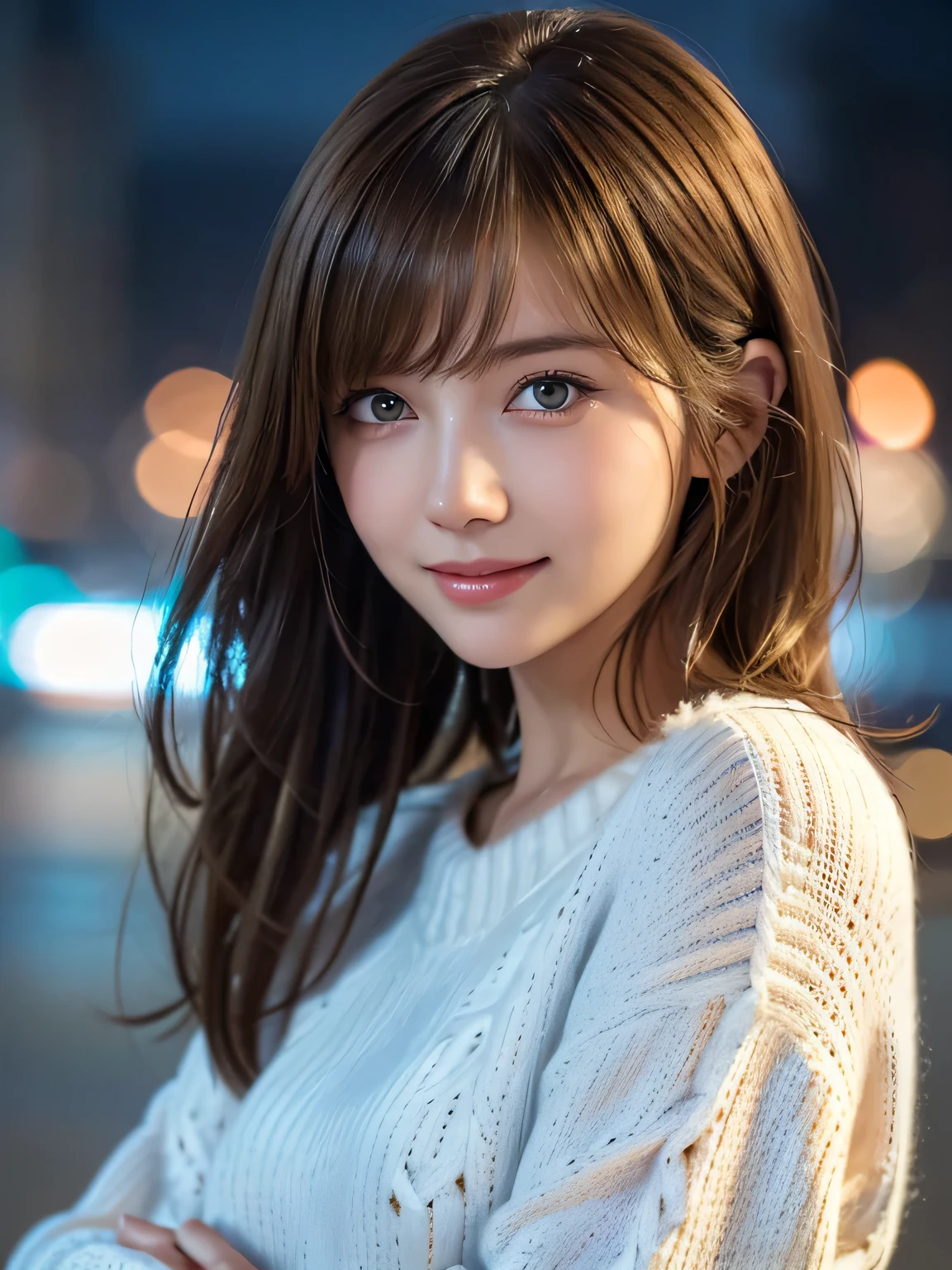 1girl in,(White sweater:1.4),(Fur trim,:1.2), (Raw photo, Best Quality), (Realistic, Photorealsitic:1.4), masutepiece, extremely delicate and beautiful, Extremely detailed, 8k wallpaper, amazing, finely detail, extremely detailed CG Unity, hight resolution, Soft light, Beautiful detailed 19 year old girl, extremely detailed eye and face, beautiful detailed nose, Beautiful detailed eyes,Cinematic lighting,city light at night,Perfect Anatomy,Slender body,Smiling (hair messy, asymmetrical bangs, light brown hair,)