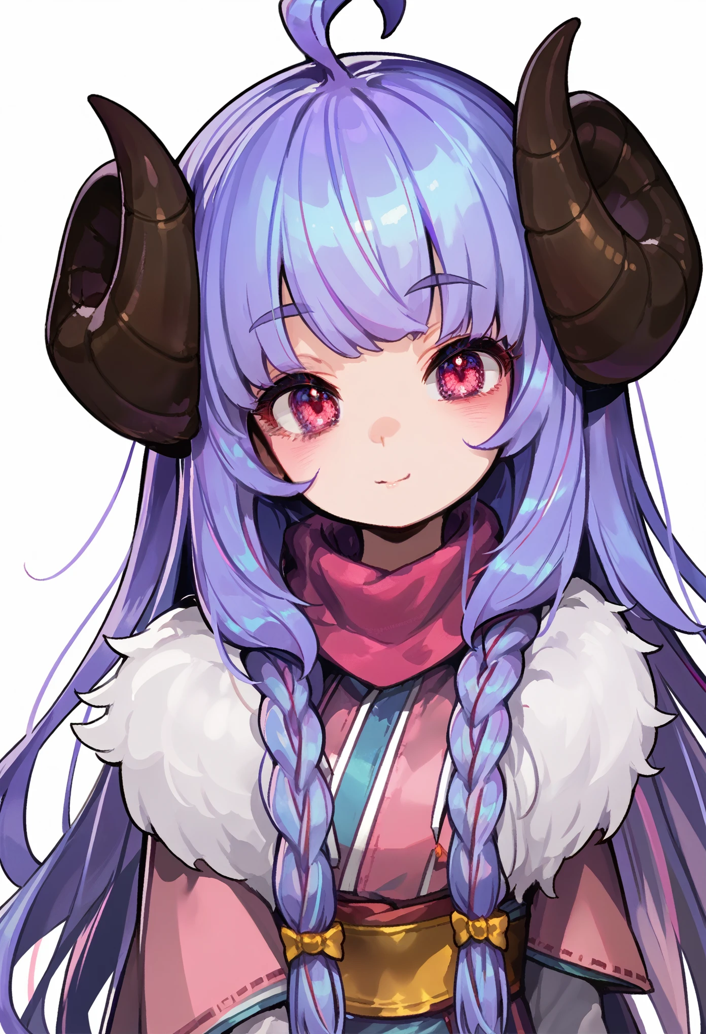 Masterpiece, anime, imoco style, outlines, 1girl, Sbkin, sheep girl, long hair, flower accessory, purple hair, braids, curved horns, pink eyes, ahoge, japanese clothes, scarf, fur trim, upper body, leaning forward, neutral, serene, head tilt, greeting, hand up, white background, simple background, score_9, score_8_up, score_7_up, unaestheticXL_bp5