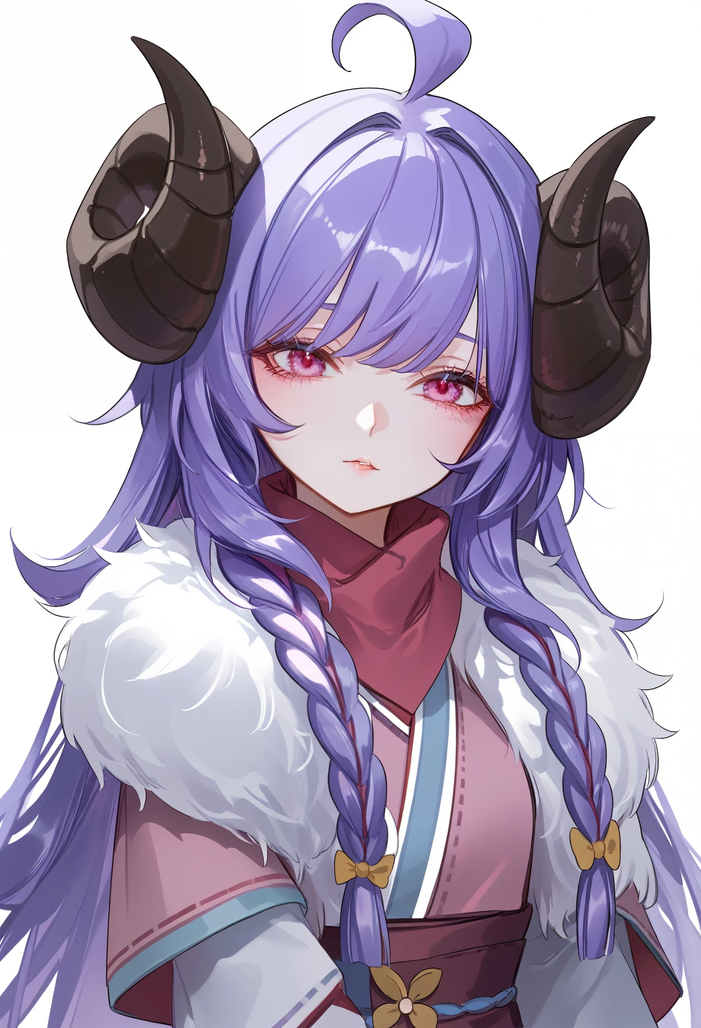 Masterpiece, anime, pottsness style, 1girl, Sbkin, sheep girl, long hair, purple hair, braids, curved horns, pink eyes, ahoge, japanese clothes, scarf, fur trim, upper body, leaning forward, neutral, serene, head tilt, white background, simple background, score_9, score_8_up, score_7_up, unaestheticXL_bp5