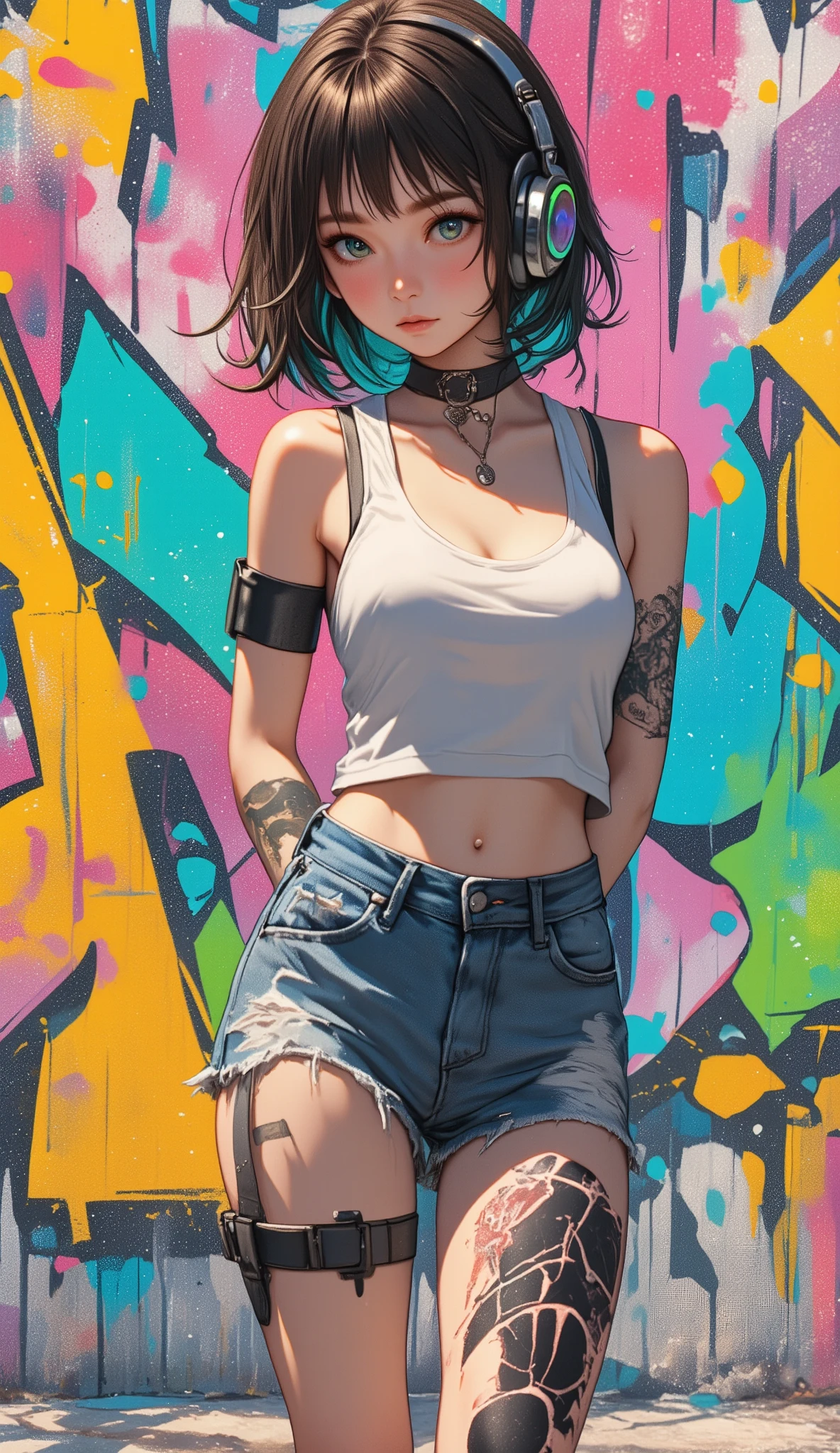 masterpiece, highest quality, 1 girl, alone, crop top, denim shorts, choker, (graffiti:1.5), paint splatters, turn your arms behind your back, towards the wall, looking at the viewer, armband, thigh strap, paint on the body, head tilt, boredom, colorful hair, aqua eye, headset