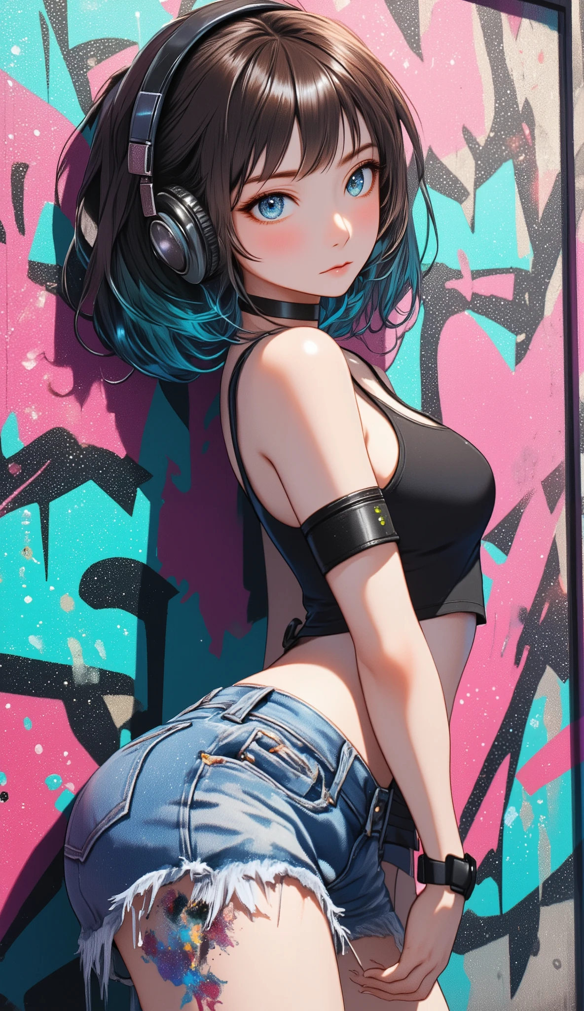 masterpiece, highest quality, 1 girl, alone, crop top, denim shorts, choker, (graffiti:1.5), paint splatters, turn your arms behind your back, towards the wall, looking at the viewer, armband, thigh strap, paint on the body, head tilt, boredom, colorful hair, aqua eye, headset