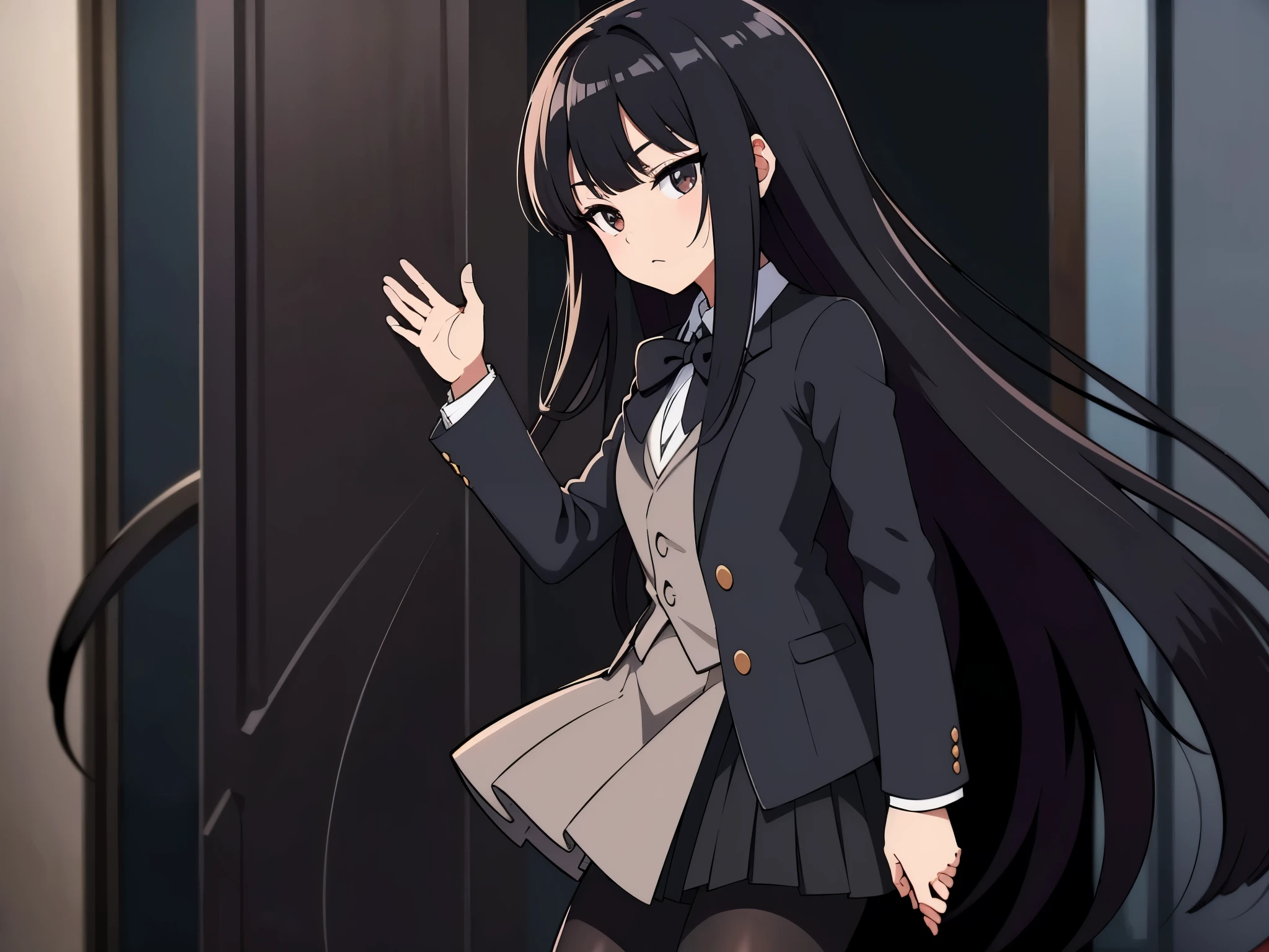 in door, in empty room, moon light, from side anime style, ultra high res, Best quality, ultra detailed, wearing a black blazer, school uniform, straight long hair, thin legs, pantyhose (black), dark brown bowtie, black skirt, break adult body, clear detailed face, high nose(1:2), large mouth, break break a strong female character with broad shoulders, straight long hair, 8k, masterpiece, dark eyelashes, looking moon, face up,