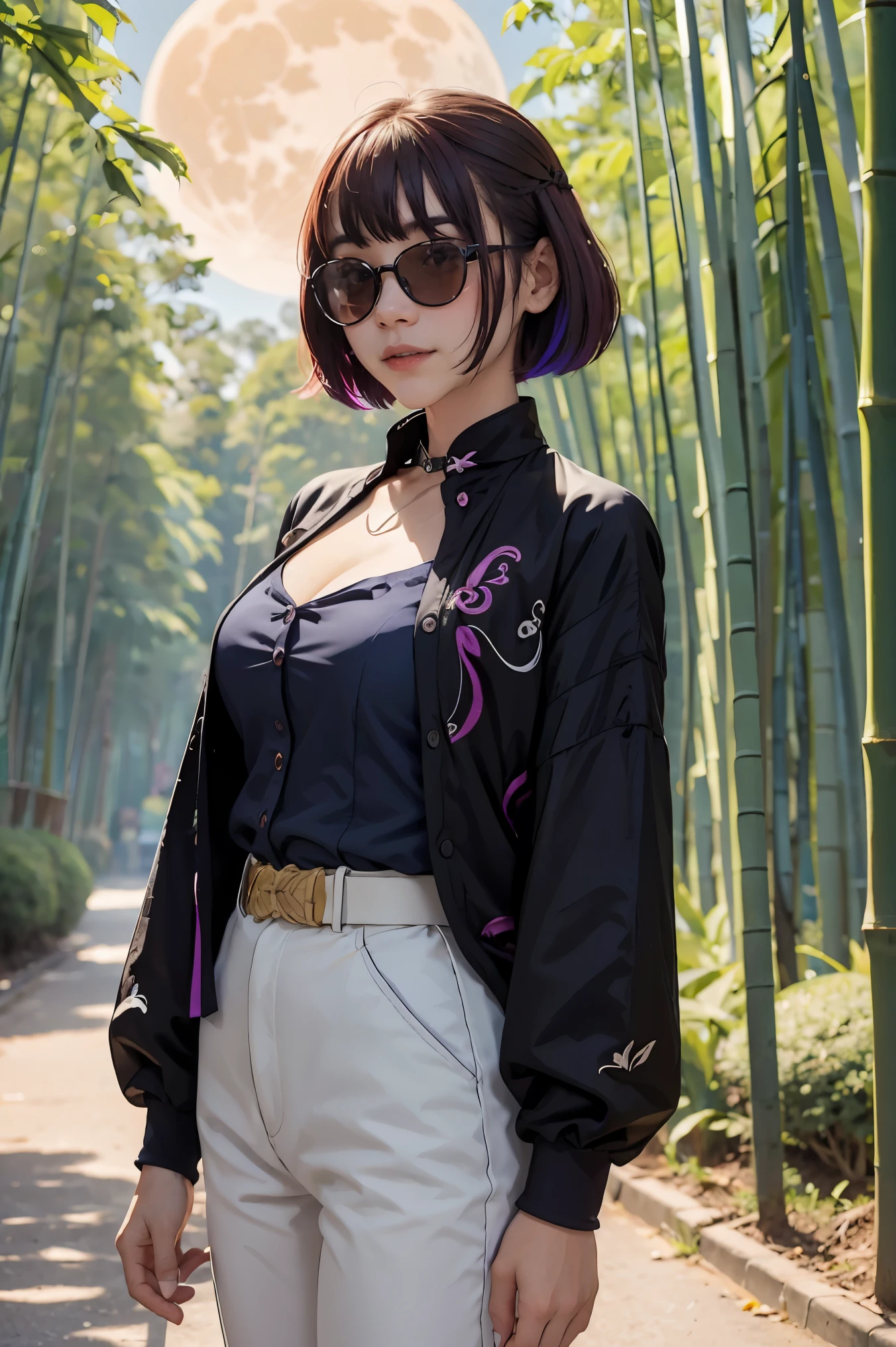 Master Part, Best Quality Keeper, Higher, 1girll, Located in a bamboo forest,In the background is a huge bright moon, Shinobu Kocho, butterfly hair ornament, Purple eyes, multicoloured hair, Short hair, Detached strips, Outerwear, long sleeves, Black pantsuit, black jackets, belt, cowboy shots,The character is facing the camera,Frontal photo,Wear sunglasses