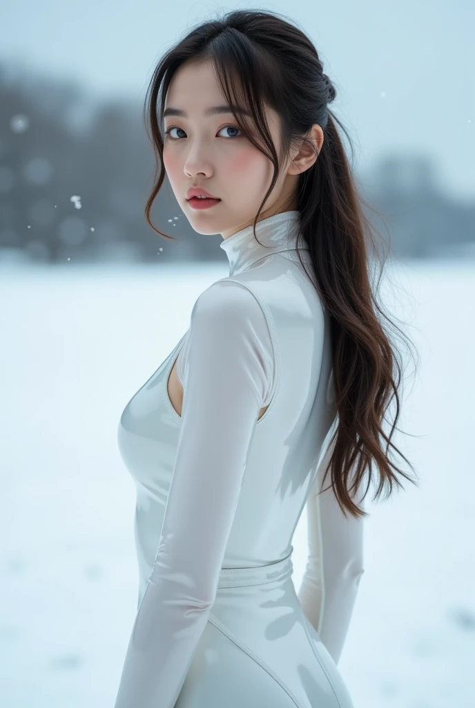 , 8K,  Highly detailed face and skin texture , Big ass long haired asian girl wearing white latex clothes in the snow,  and look at the audience, Rear View, Clarify the focus