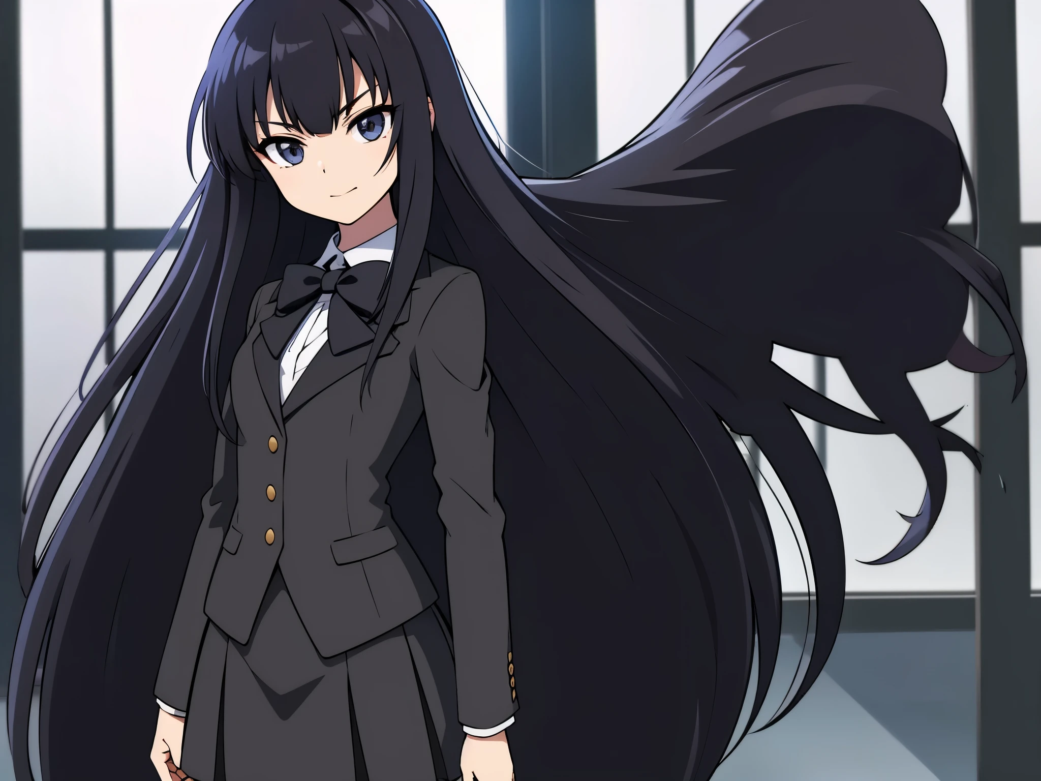 in door, in empty room, moon light, from side evil simile, anime style, ultra high res, Best quality, ultra detailed, wearing a black blazer, school uniform, straight long hair, thin legs, pantyhose (black), dark brown bowtie, black skirt, break adult body, clear detailed face, high nose(1:2), large mouth, break break a strong female character with broad shoulders, straight long hair, 8k, masterpiece, dark eyelashes, 