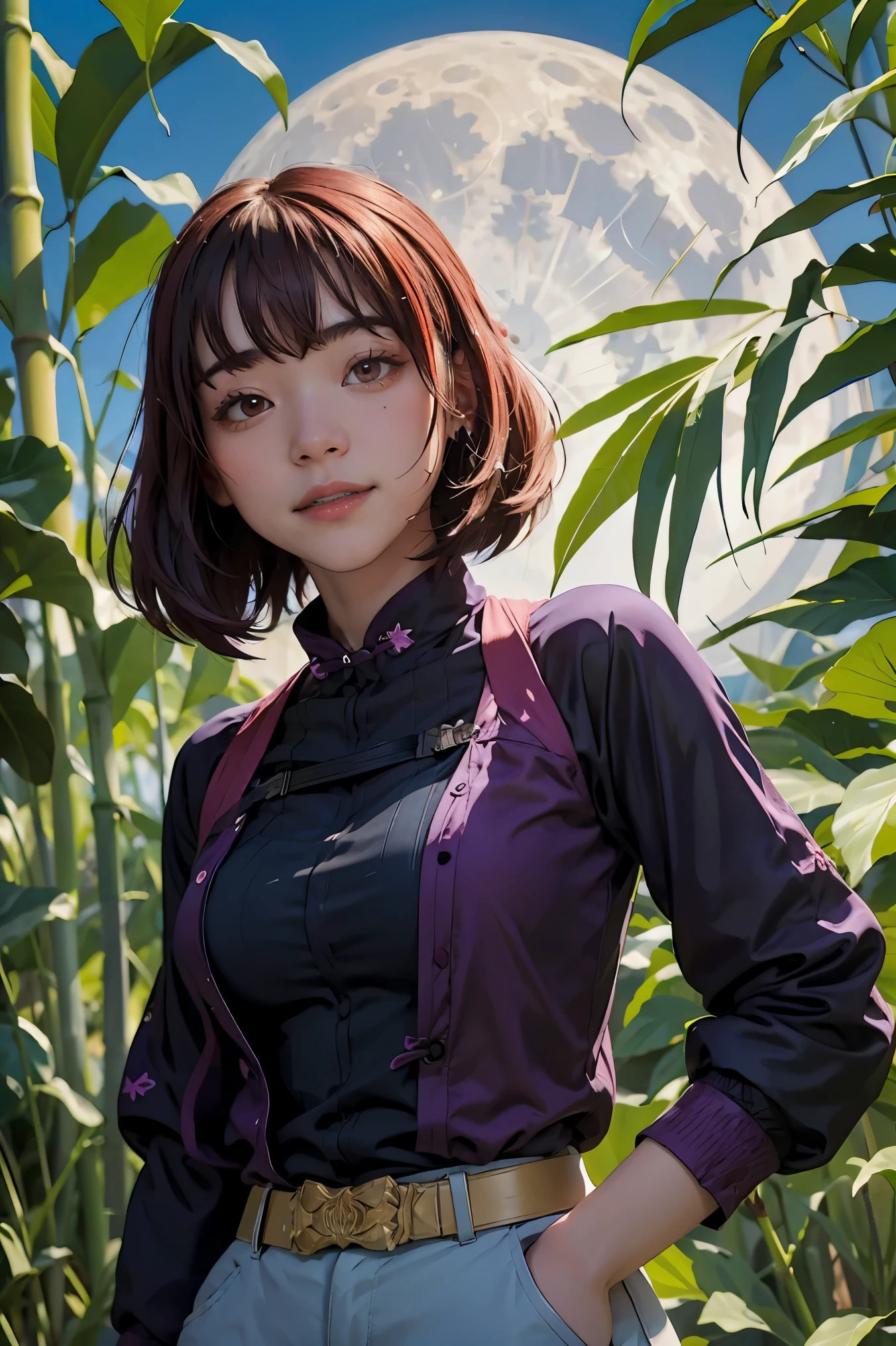 Master Part, Best Quality Keeper, Higher, 1girll, Located in a bamboo forest,In the background is a huge bright moon, Shinobu Kocho, butterfly hair ornament, Purple eyes, multicoloured hair, Short hair, Detached strips, Outerwear, long sleeves, Black pantsuit, black jackets, belt, cowboy shots,The character is facing the camera,Frontal photo,Wear sunglasses