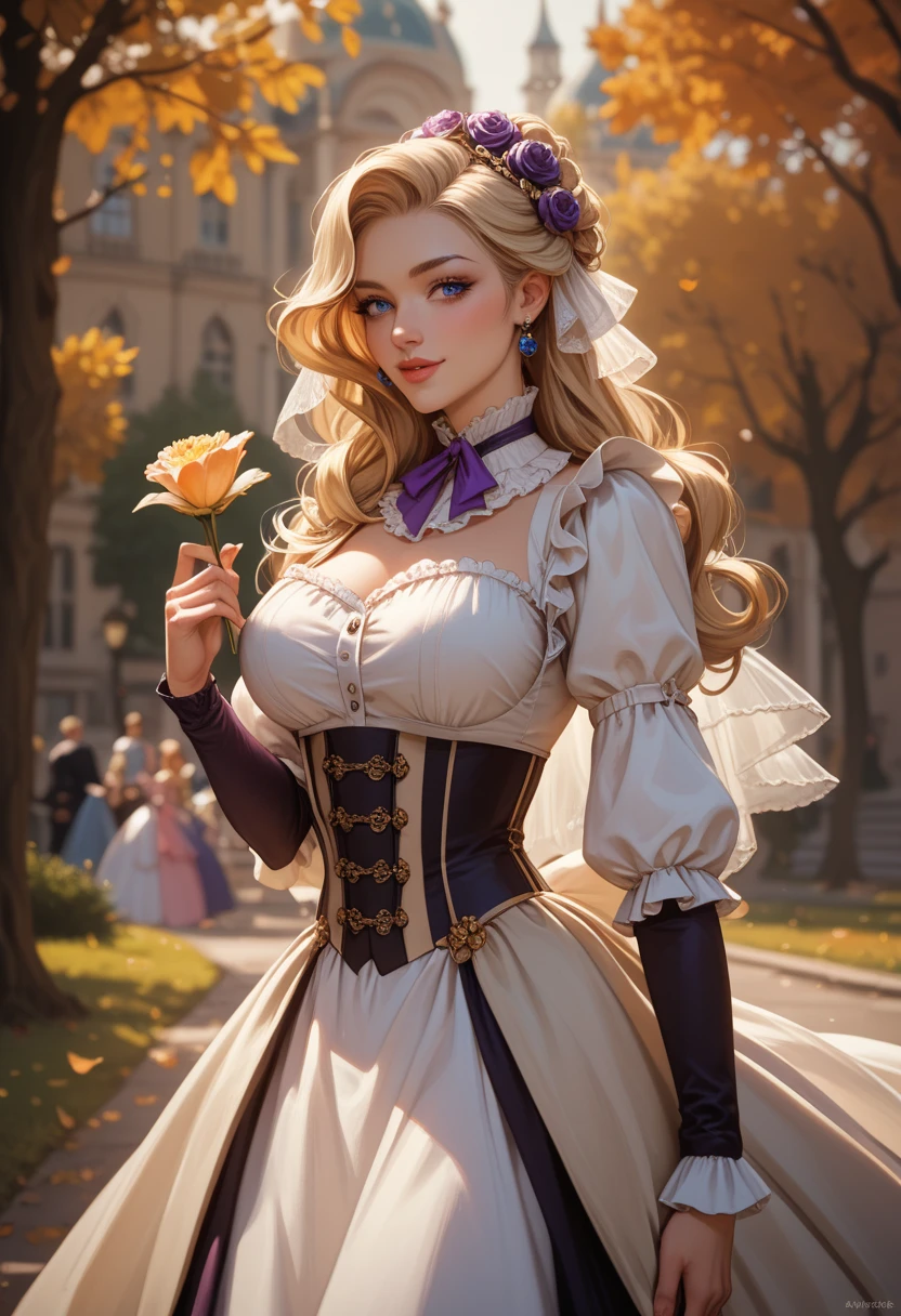 (best quality, 4k, 8k, highres, masterpiece:1.2), ultra-detailed, detailed face, detailed lips and eyes, attractive appearance, expressive face, realistic,
BREAK Valerie the Thief beautiful caucasian woman with messy wavy shoulder length blonde hair, 23 years old, ((big eyes)), (brown eyes:1.4), brown eyebrows, fair skin, lean and athletic, smiling happily, (smile:1.4),
BREAK, standing, armor shoulder plates, black leather trousers, white frilly blouse, boots, leather wrist bands, holding a bunch of flowers in her hands, (flower bouquet:1.4), festive atmosphere, cheerful expression