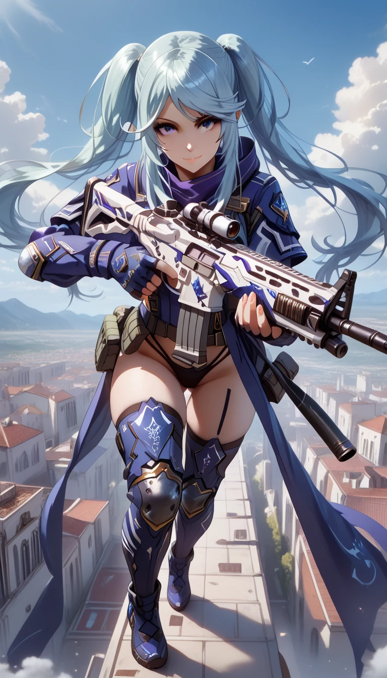 ultra-detailed, 1girl, epsilon, ((masterpiece)), (best quality), (highres), 16K, perfect face, long hair, twintails, blue hair, purple eyes, sidelocks, tactical clothes, tactical belt, black thong, thighhighs, knee pads, busty body, large breasts and a beautiful ass, showcasing cleavage, legs, hips, (holding assault rifle), looking at viewer, smile, detailed full body, rooftop background