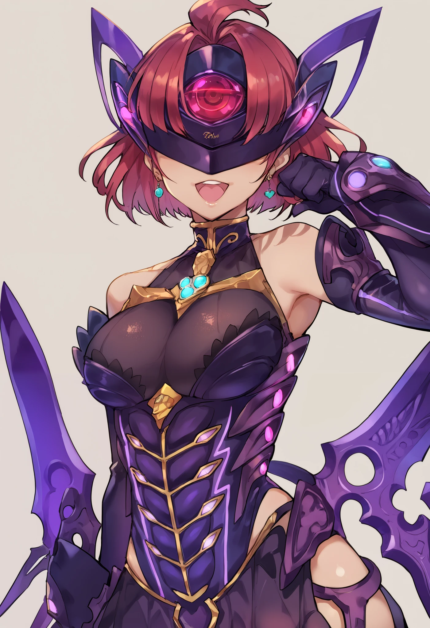 score_9, score_8_up, score_7_up, score_6_up, source_anime, 1 girl,prrnd, red hair, short hair, earrings, large breasts, large breasts, purple outfit, ((forehead protector)), purple wings,elbow gloves, forehead protector cover eyes,paw pose,looking at viewer,laugh,dark persona, flush, ((cowboy shot)),simple background