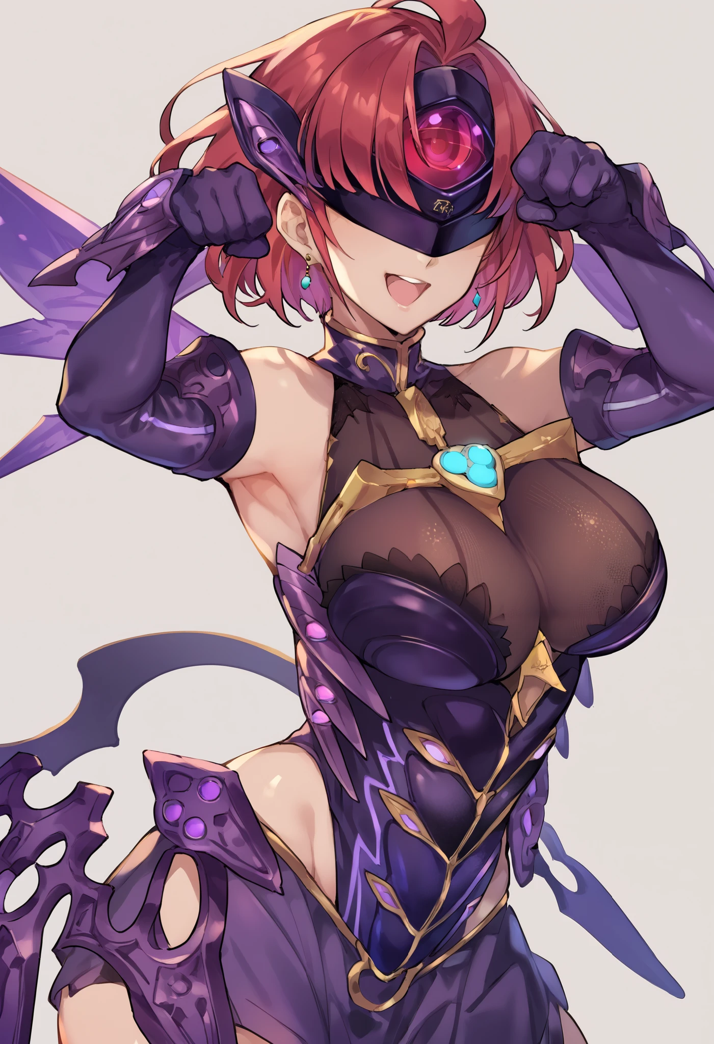 score_9, score_8_up, score_7_up, score_6_up, source_anime, 1 girl,prrnd, red hair, short hair, earrings, large breasts, large breasts, purple outfit, ((forehead protector)), purple wings,elbow gloves, forehead protector cover eyes,paw pose,looking at viewer,laugh,dark persona, flush, ((cowboy shot)),simple background