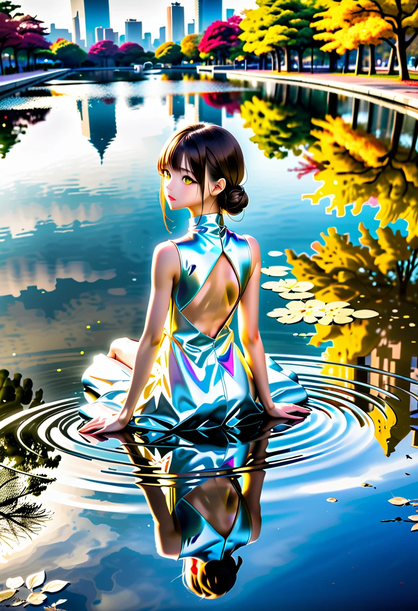 ((Skyscraper reflected on the surface of the water :1.5、 sitting on a bench by the pond :1.5))、((Chibi:1.5)), ((((Taken obliquely from behind :1.5、from behind:1.5)), back view:1.5, looking back)),  one girl , ((Top Models:1.5))、 best quality, masterpiece,  ultra high resolution, (Realistic:1.4),  RAW Photos,  complex details,  big beautiful dark emerald eyes :1.5, Perfect Contour, Small face、masterpiece, Silky Long Hair,  ((Blunt Bungs:1.5)), (natural makeup:1.5、full lips:1.5, pink lips:1.5, gloss lips:1.5, parted lips1.5),  slim、(middle chest:1.2,  firm chest :1.2, High chest:1.5),  (( very soft and loose high neck sleeveless metallic satin middle dress:1.5、 shiny super shine iridescent white dress :1.5)), ((The background is a quiet pond 、The city reflected on the surface of the water:1.5、Mirror-like water surface:1.5、美しくYellow Leaf した銀杏の並木:1.5、Yellow Leaf 、Late fall afternoon 、Strong backlighting:1.5))