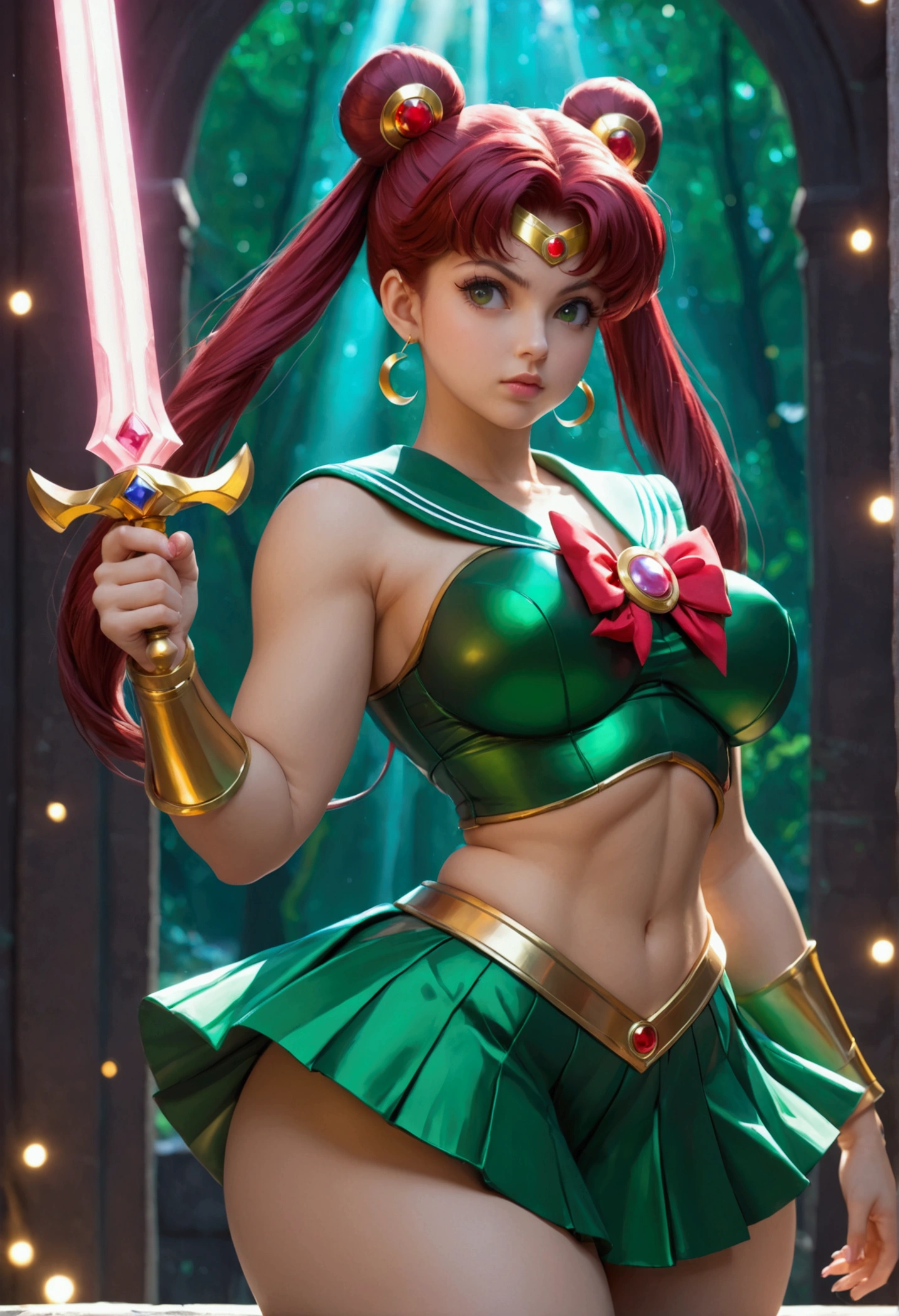 woman in a wearing sexy mobile legend hero armor, Sailor Moon theme, action pose with power sword, in a fantasy world, fantasy bokeh effect, cinematic light, realistic photography, wide angle shot, super realistic, real human, ig model, cutesexyrobutts, thick and curvy body, curvaceous body, accentuated curves with wide hips, stunning green eyes, dark red hair, cinematic lighting, rich color palette, cosmic background, 4k, photorealistic, masterpiece, teardrop shaped small breast, pleated mini skirt, 