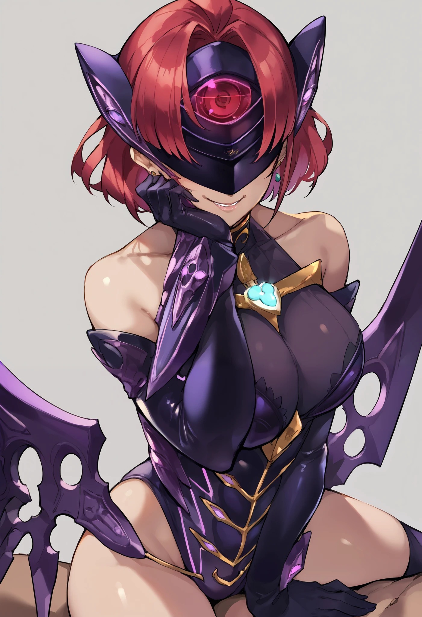 score_9, score_8_up, score_7_up, score_6_up, source_anime, 1 girl,prrnd, red hair, short hair, earrings, large breasts, large breasts, purple outfit, ((forehead protector)), purple wings,elbow gloves, forehead protector cover eyes,sitting on person,hand on own face,looking at viewer,laugh,dark persona, flush, ((cowboy shot)),simple background