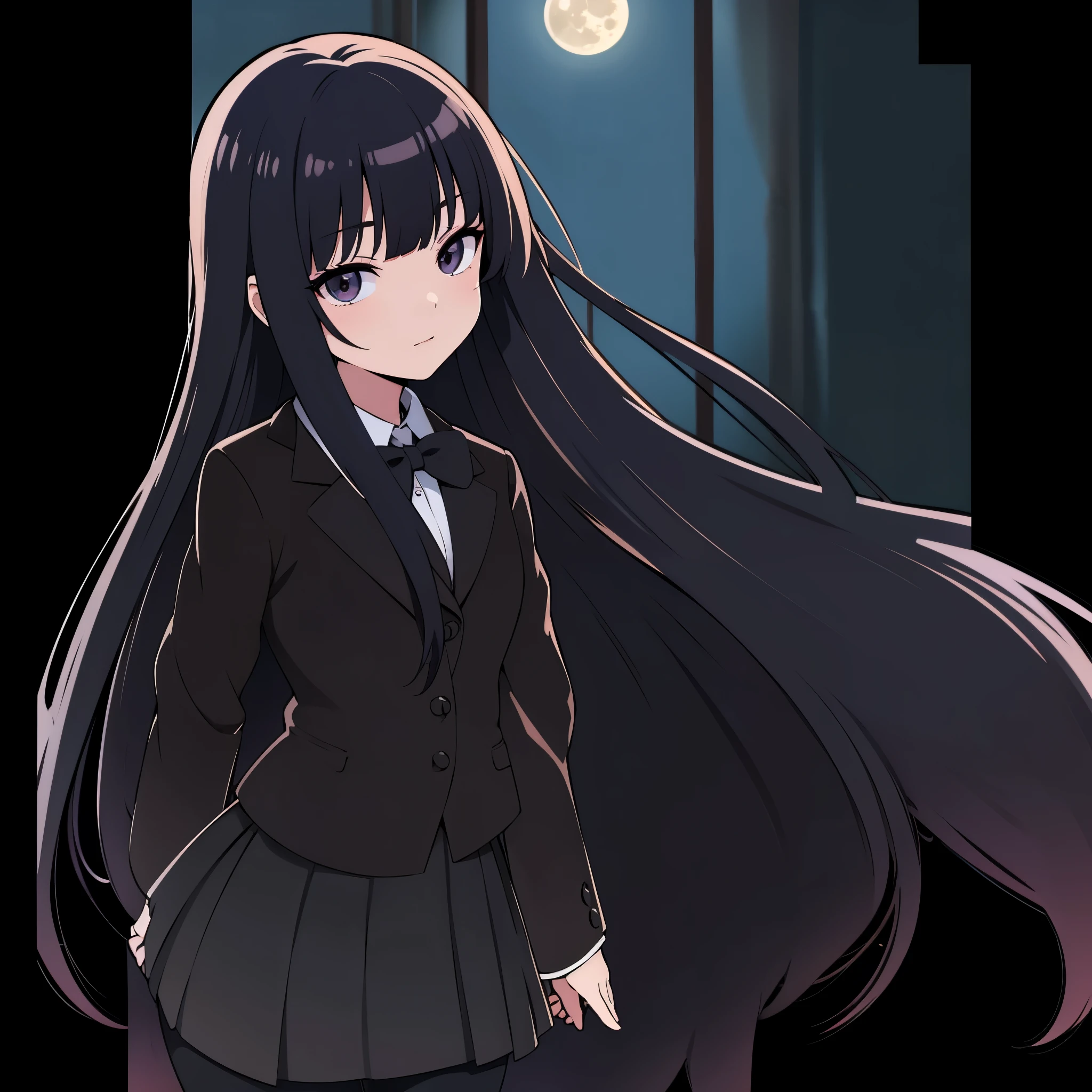 in door, in empty room, moon light, from side big laugh, focus face, anime style, ultra high res, Best quality, ultra detailed, wearing a black blazer, school uniform, straight long hair, thin legs, pantyhose (black), dark brown bowtie, black skirt, break adult body, clear detailed face, high nose(1:2), large mouth, break break a strong female character with broad shoulders, straight long hair, 8k, masterpiece, dark eyelashes,
