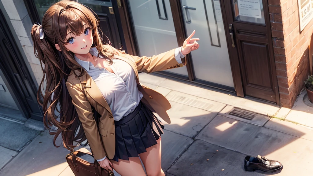 (masterpiece,Highest quality:1.3,best quality illustration,realistic),cowboy shot,1woman,20 year old Japanese beauty,(very small head),Long brown hair,bangs,brown eyes,gorgeous eyes,blush,smile,small breasts,(very long body),(toned body,slender body,skinny,tan skin),(Navy uniform navy blue blazer jacket、White Shirt、Navy blue tie、Navy blue tight mini skirt),gleaming skin,shiny skin,(sweat:1.3),standing,Naval Base、Tokyo、