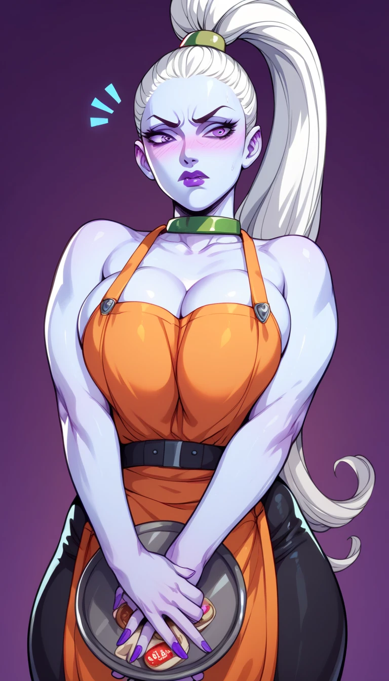 vados,light blue skin,white hair,purple eyes,purple lips, high ponytail, big breasts, mature female, red face, embarrassed, Ashamed, Suspender Naked Apron, V-arms