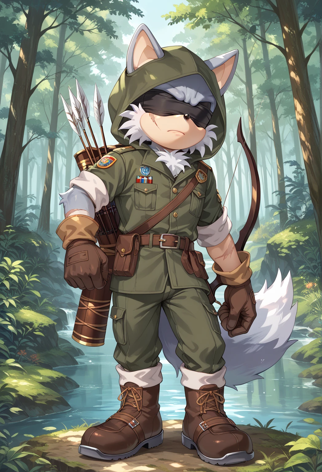 Male Wolf, ((Sonic character oc )), Male adult, ( silver fur in all body ), ( light gray inner ears ), (Alone), ( Short and messy hair ), forest, scar near the left eye that crosses the left eye diagonally, bow and quiver, con un hunter bow , Archery, wears a hood, brown gloves with cut toes and boots, yellow Eyes, Day time, ((mobian)), moebius forest, ranger clothing, (Fluffy Fur), Large Fluffy Tail, Serious poses, blindfold Over Left eye,