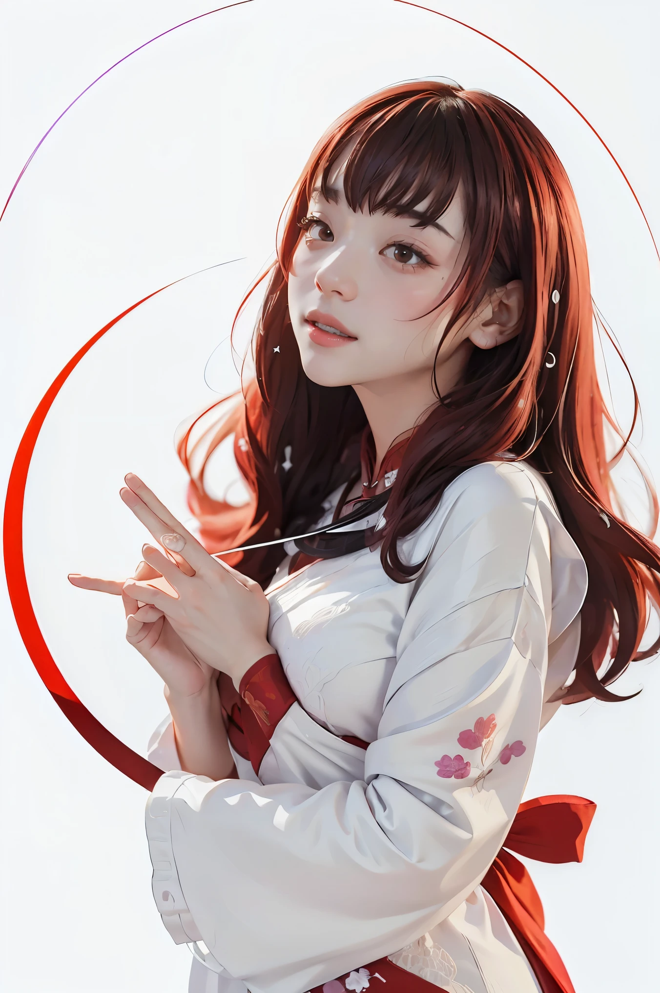 (((white background、White world)))、s、unity 8k wallpaper、super detailed、beautiful beautiful、masterpiece、highest quality、(tangleた、mandala、tangle、tangle)、(fractal art:1.3)、one girl、beautiful black hair、Japanese、Big pink、red kimono、Japanese clothing、very detailed、dynamic angle、cowboy shot、The most beautiful things form chaos、elegant、brutal design、Bright colors、romance、atmosphere、ecstasy notes、Streaming music notes are displayed、(((white background、pure white background、Red circle)))