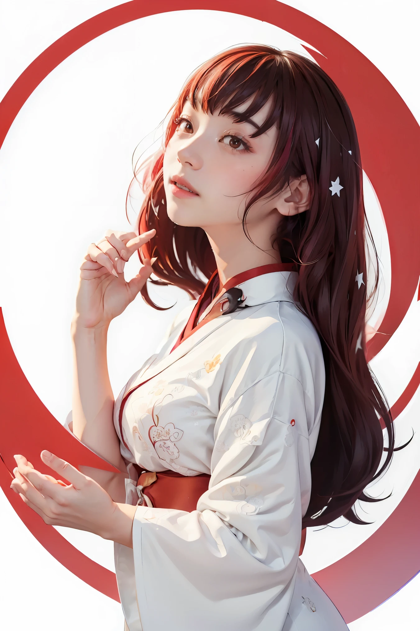 (((white background、White world)))、s、unity 8k wallpaper、super detailed、beautiful beautiful、masterpiece、highest quality、(tangleた、mandala、tangle、tangle)、(fractal art:1.3)、one girl、beautiful black hair、Japanese、Big pink、red kimono、Japanese clothing、very detailed、dynamic angle、cowboy shot、The most beautiful things form chaos、elegant、brutal design、Bright colors、romance、atmosphere、ecstasy notes、Streaming music notes are displayed、(((white background、pure white background、Red circle)))