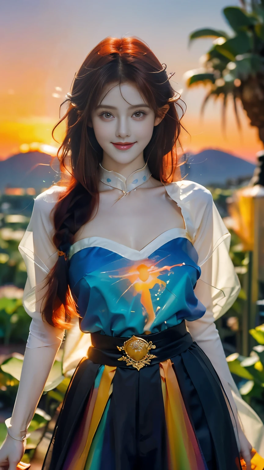 （masterpiece），The magic of light ， very beautiful elf girl，20 years old，( Smile),((Red Hair))，((( magical effect painting )))， bright eyes ，Thin lips，Fair and translucent skin，Healthy body （Big ：1.5）,（Super exquisite）， brightly colored fairy costume (transparent gradient costume )，(( colorful sunset background )) 