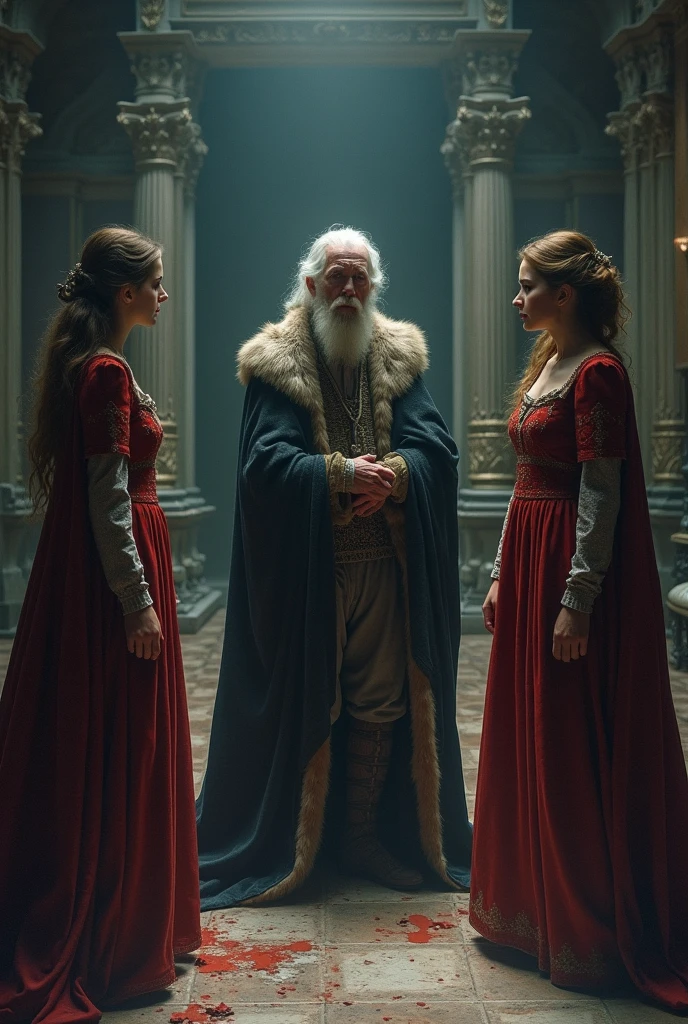 (Masterpiece, Best Quality, Beautiful Quality, Realistic, Detailed Lighting, Extremely Detailed Skin, Extremely Detailed Hair, Extremely Detailed Teeth, Big Breasts, Crop Top, Shadows, 8K:1.2), (Royalty, an old man with a crown and a group of big-breasted maidens, an old man with a crown receiving a maiden bowing down, an old man with a crown standing in the middle of a group of maidens, the maiden with her navel baring her back and shoulders, a group of maiden looking at the old man with a crown, the old man arrogantly and rudely looking at the sky: 2.0),