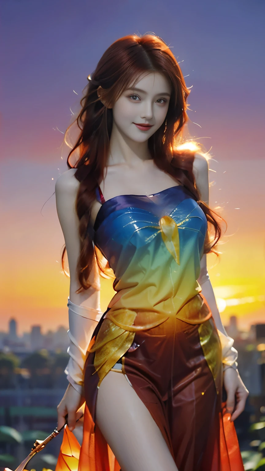 （masterpiece）， very beautiful girl ，20 years old，( Smile),((Red Hair))，((( magical effect painting )))， bright eyes ，Thin lips，Fair and translucent skin，Healthy body （Big ：1.5）,（Super exquisite）， colorful fairy costume(transparent gradient costume )，(( colorful sunset background )) 