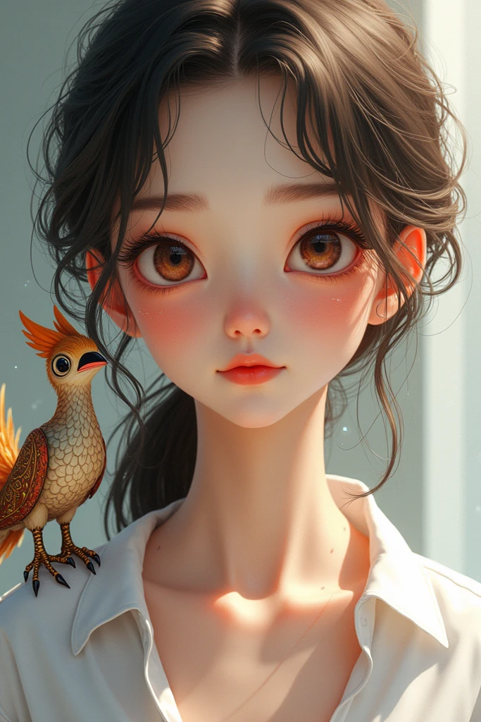 He has a cute bird on his head，1 Chinese , there are birds on her head, Have cute eyes,  Extremely cute, Ruan cute vtuber, Very cute and childlike, realistic lens，happy emotion，（（Top-level rendering，Top resolution，16K quality))