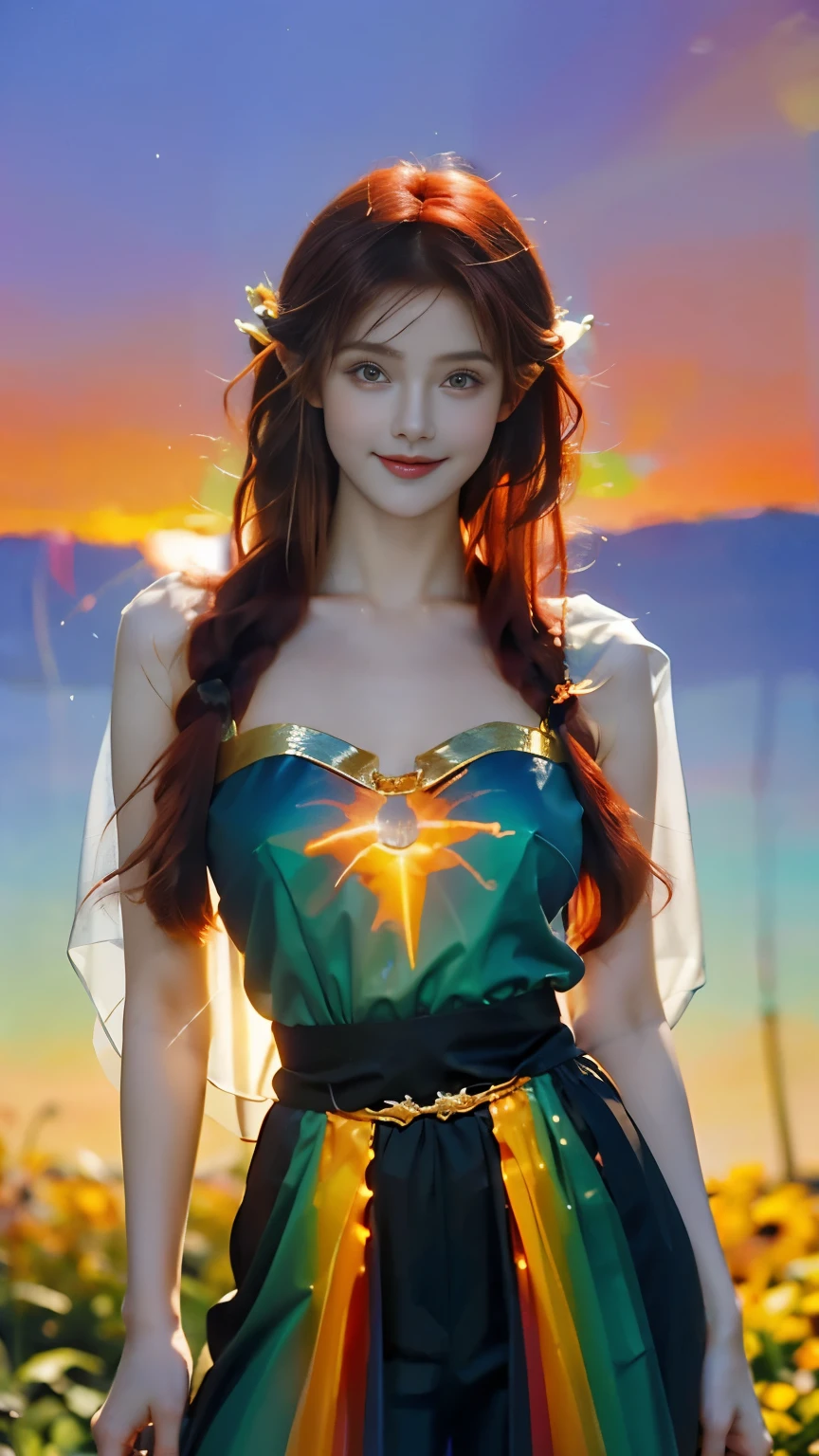 （masterpiece），The magic of light ， very beautiful elf girl，20 years old，( Smile),((Red Hair))，((( magical effect painting )))， bright eyes ，Thin lips，Fair and translucent skin，Healthy body （Big ：1.5）,（Super exquisite）， colorful fairy costume(transparent gradient costume )，(( colorful sunset background )) 