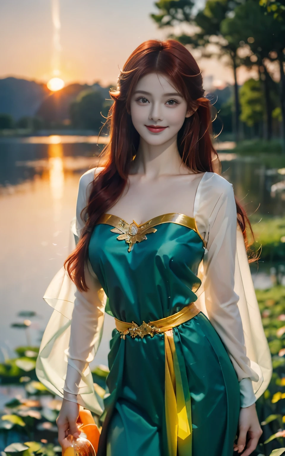 （masterpiece），The magic of light ， very beautiful elf girl，20 years old，( Smile),((Red Hair))，((( magical effect painting )))， bright eyes ，Thin lips，Fair and translucent skin，Healthy body （Big ：1.5）,（Super exquisite）， brightly colored fairy costume (transparent gradient costume )，(( colorful sunset background )) 