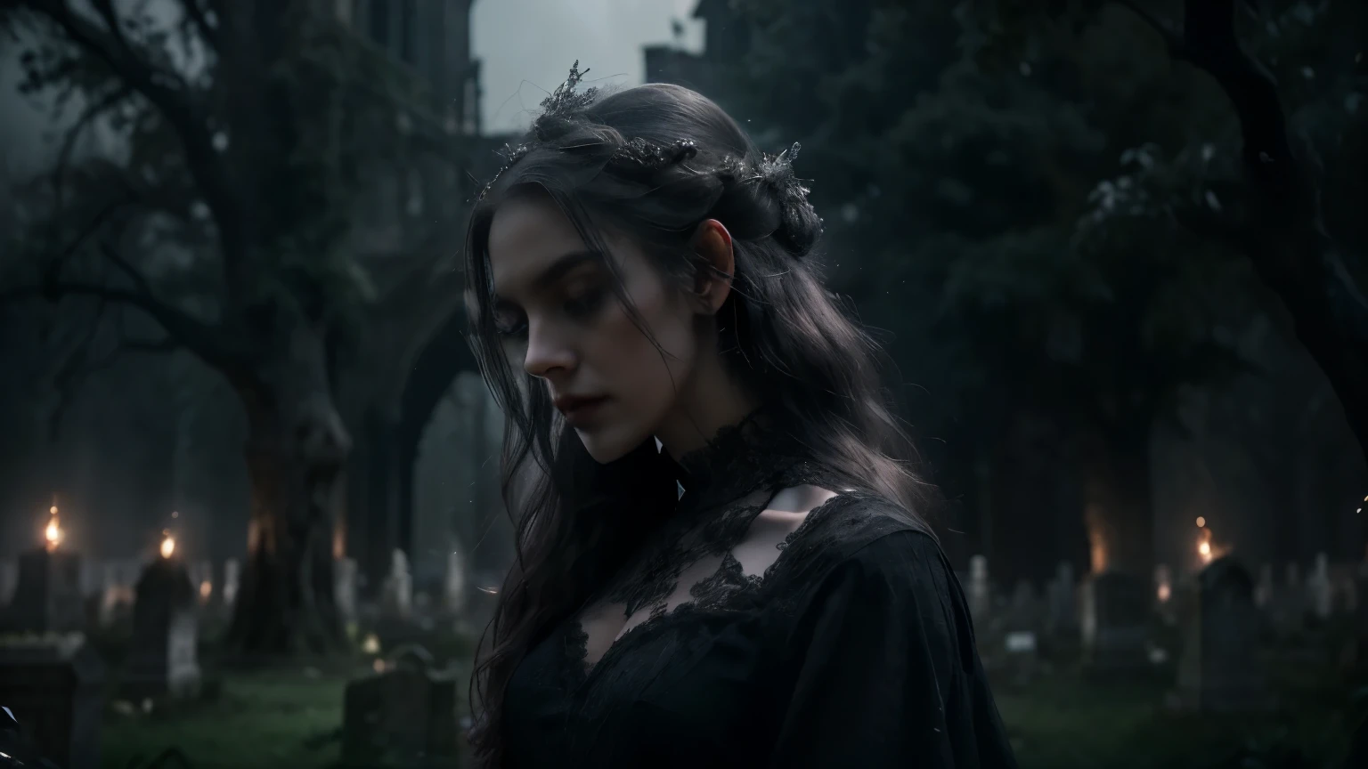 A haunting and ethereal thumbnail for a YouTube video featuring an Atmospheric Gothic Metal song inspired by Mary Shelley's poem Absence. The artwork portrays a misty, moonlit graveyard under a cloudy night sky. At the center, a solitary figure of a woman in a flowing dark dress stands among ancient, ivy-covered tombstones, her face partially obscured, exuding sorrow and longing. Surrounding her are barren, twisted trees and faint outlines of a crumbling cathedral in the background, shrouded in mist. The colors are moody and melancholic, dominated by deep grays, blacks, and blues, with subtle silver and violet highlights to create a dreamy, otherworldly atmosphere. Soft light beams filter through the clouds, illuminating the figure with a ghostly glow. The title of the video is displayed in elegant Gothic-style typography, subtly integrated into the scene, while maintaining the haunting and melancholic tone.